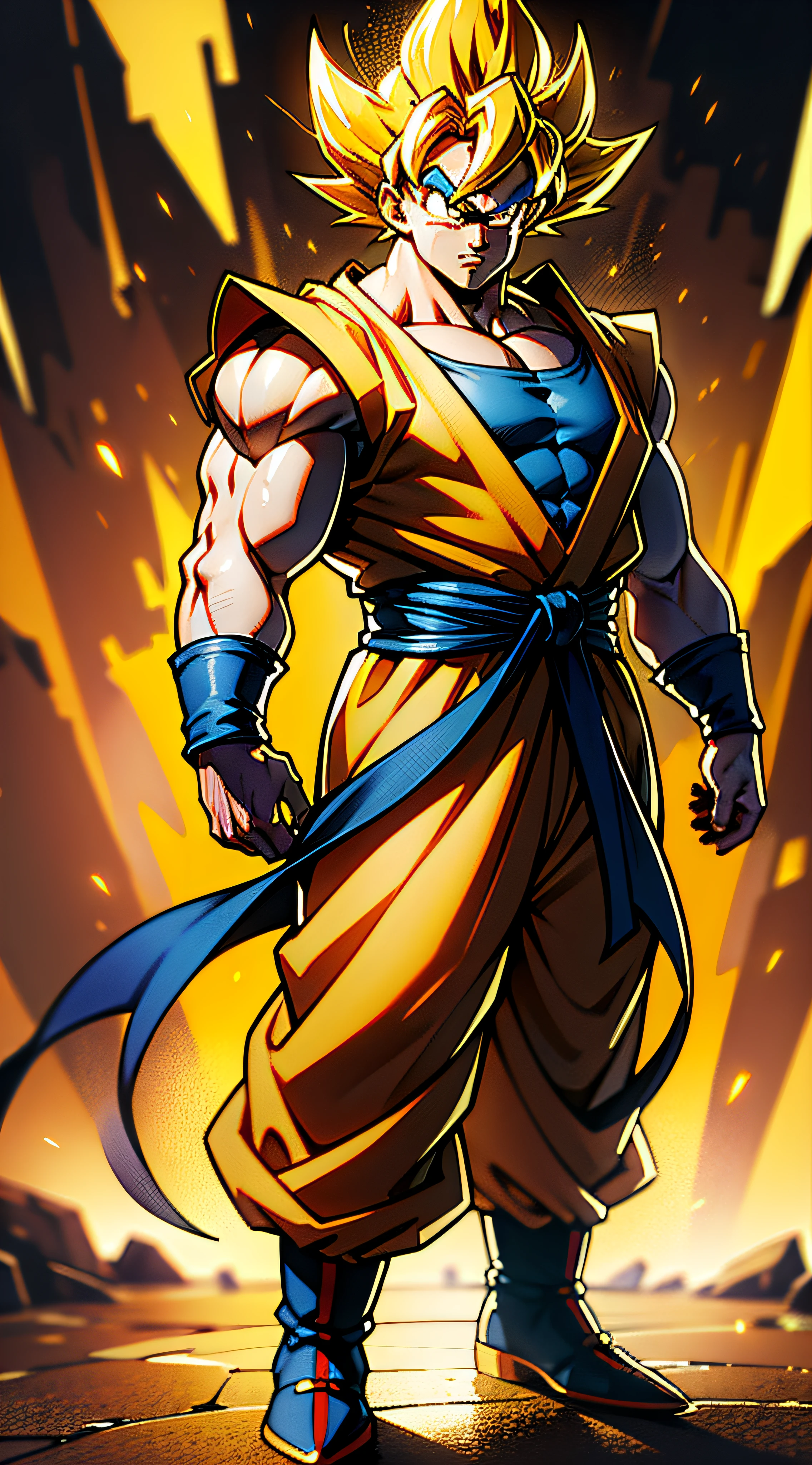 Dragon Ball Son Goku full body image，Handsome face，exquisite facial features，Burly and tall figure，Exploded costumes，Glows gold，solid color backdrop，Ultra-wide viewing angle，Ultra-wide viewing angle，8K，3Drenderingof