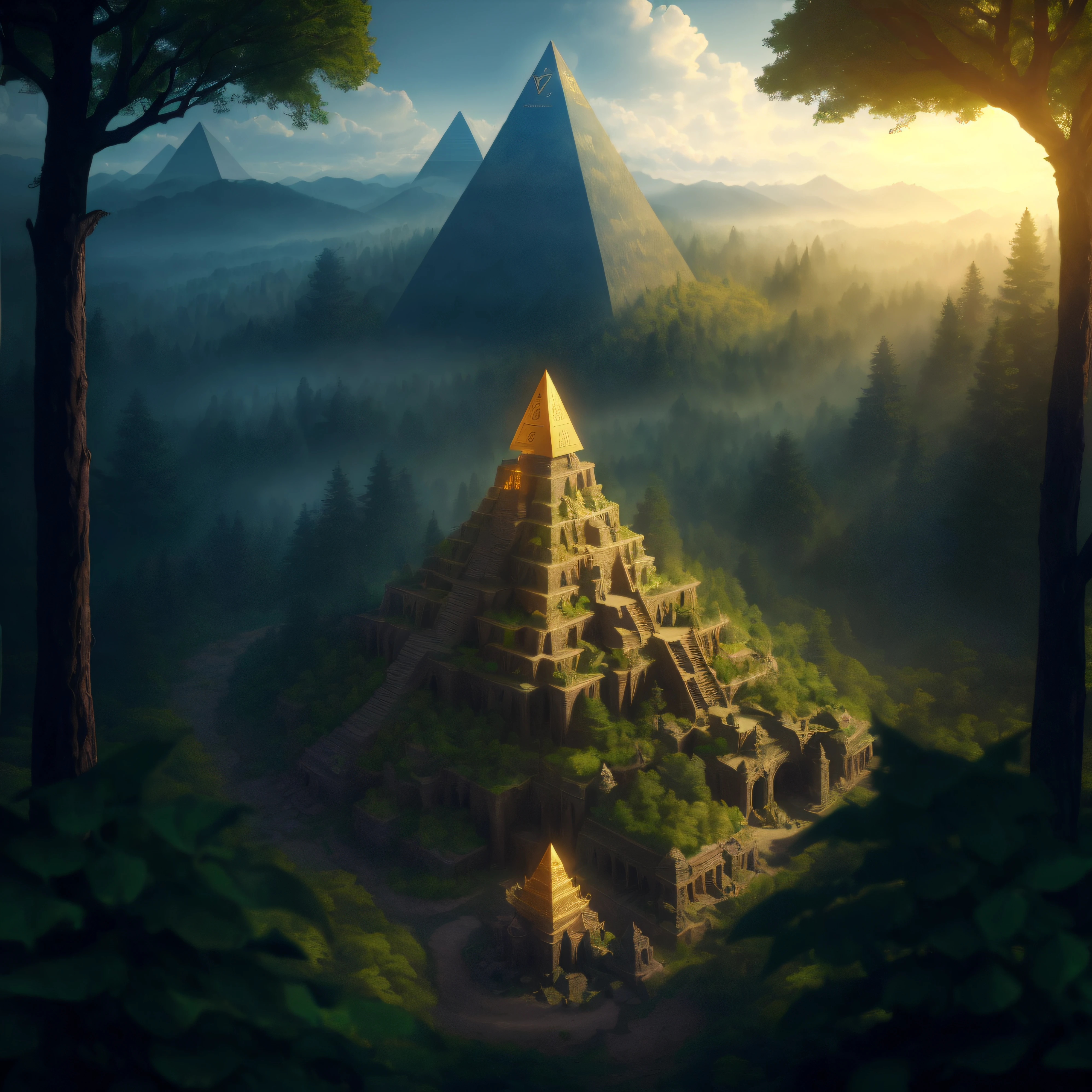 (photo of a big fantasy forest and plants and magic animals :1.3), in a forest, one big golden Pyramid in the center of the forest, medieval, mountain arround the forest, aerial view, detailed, 8k, high detailed, realistic, hyperrealistic