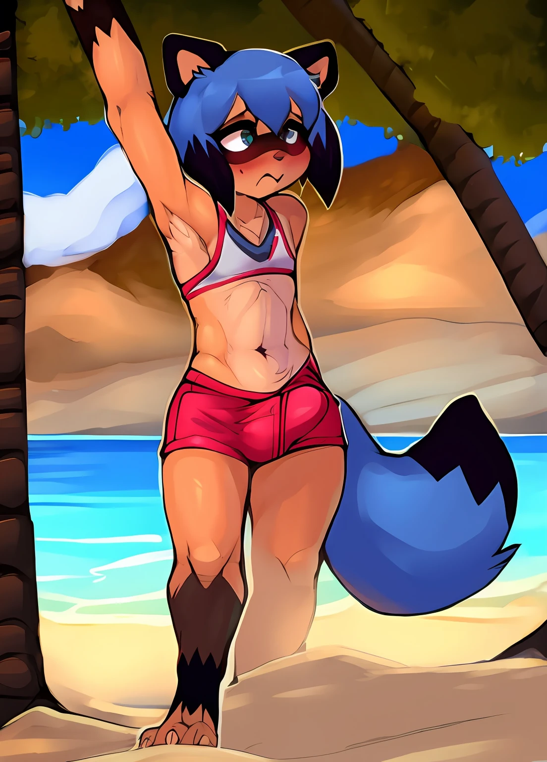 arte de zackary911, Shy raccoon Michiru Kagemori, bulge, erection under clothing, en la playa, En pie, bikini