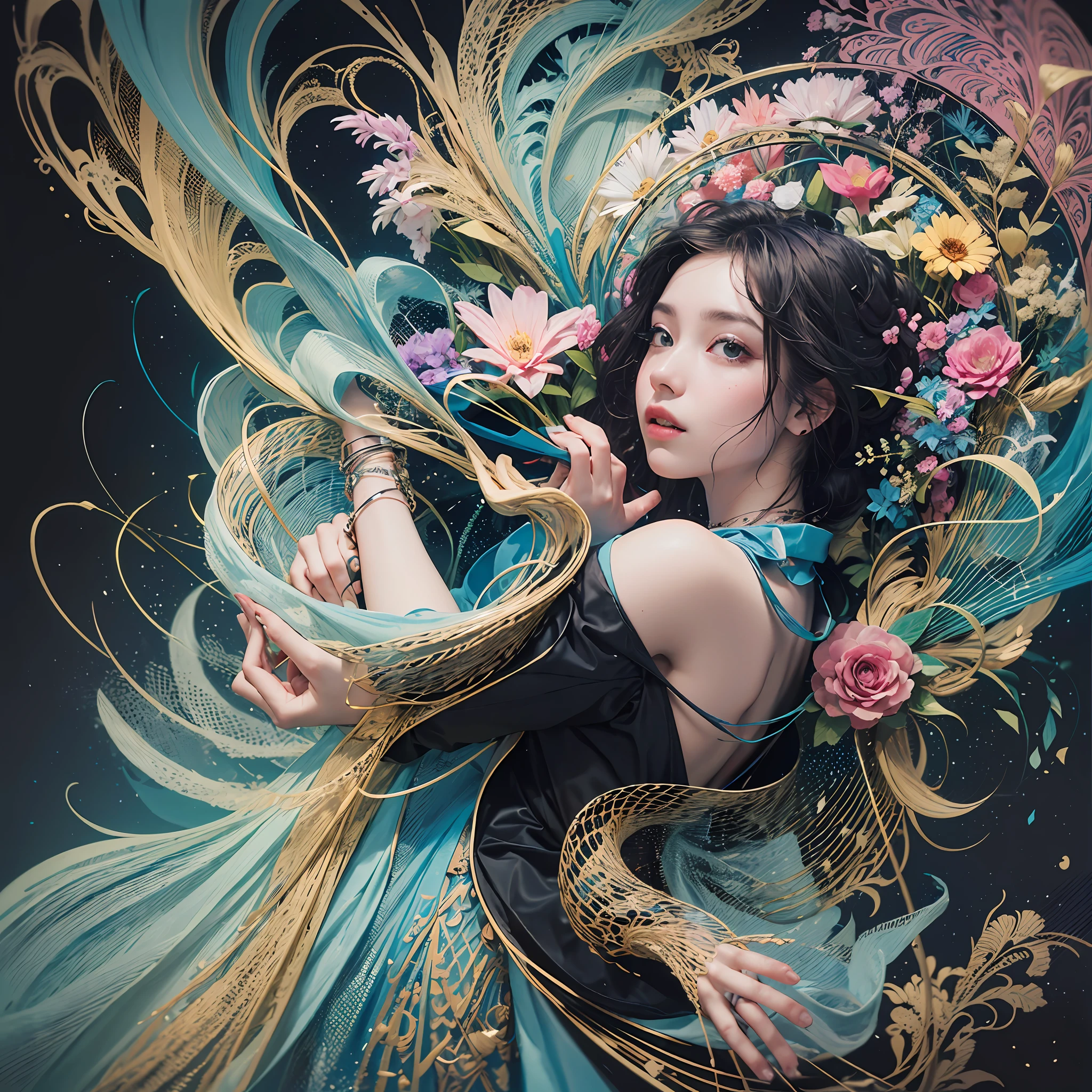 official art, unity 8k wallpaper, ultra detailed, beautiful and aesthetic,beautiful, masterpiece, best quality, (zentangle, mandala, tangle, entangle), dynamic angle, cowboyshot, the most beautiful form of chaos, elegant, a brutalist designed, vivid colours, romanticism, by james jean, roby dwi antono, ross tran, francis bacon, michal mraz, adrian ghenie, petra cortright, gerhard richter, takato yamamoto, ashley wood, atmospheric, enjoying a stream of music, 
where you can visualize the notes,ecstasy of flower, streaming musical notes visible, flower_style,rainbow-candy,style-swirlmagic