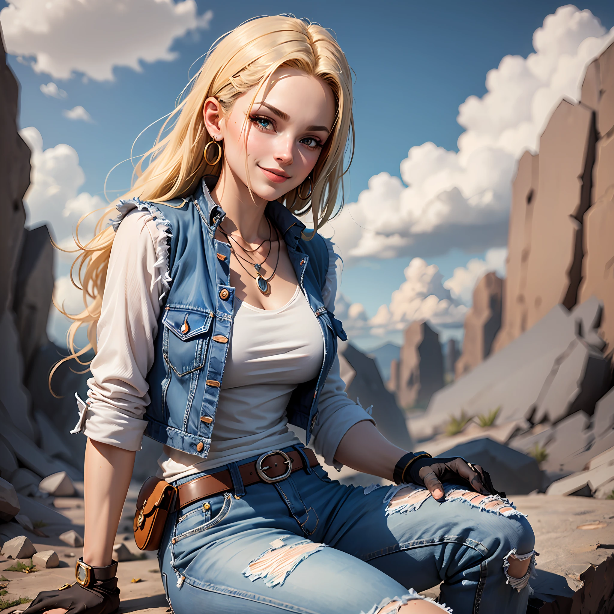 masterpiece, best quality, ultra-detailed, absurdres, Portrait of beautiful Android18DB, solo, earrings, jewelry, denim, smile, belt, vest, cloud, sky, day, pants, outdoors, gloves, necklace, jeans, rock, sitting, sitting_on_rock, volumetric lighting, best quality, masterpiece, intricate details, tonemapping, sharp focus, hyper detailed, trending on Artstation,