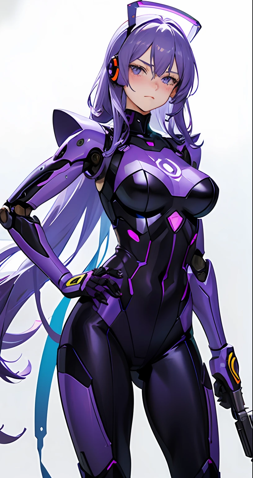 Robot girl,Stand at a quarter angle,Gun in hand,Purple colored hair,large tities,big assa,Blushing
