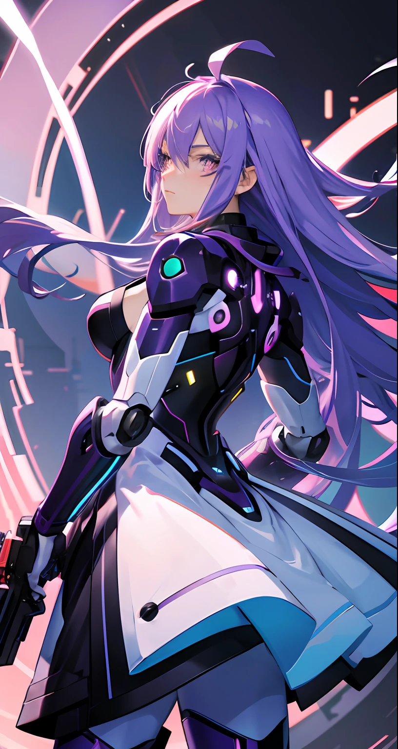 Robot girl，Stand at a quarter angle，Gun in hand，Purple colored hair，large tities，big assa，Blushing