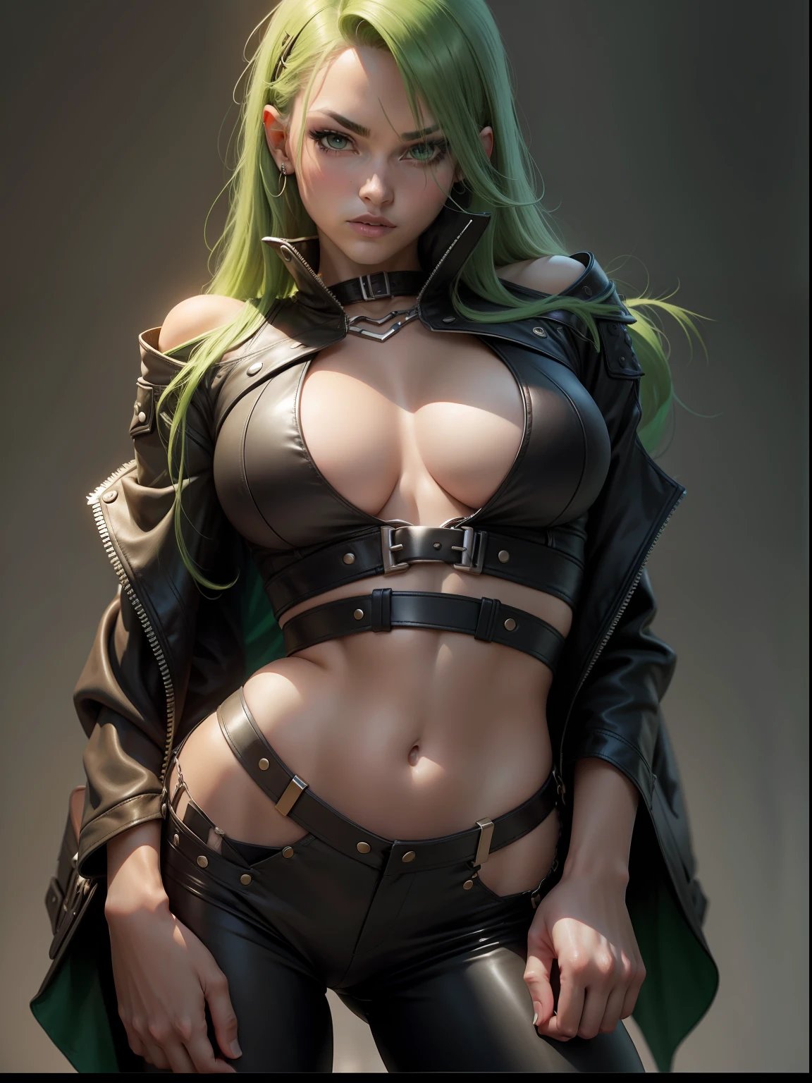 A rogue with medium and green hair, olhos verdes. Usandouma blusa de mangas longas e soltas, leather bust that exposes the navel and has a V-neck. A mulher usa piercing. A pair of tight pants on the body. Closed hands with one holding a bag of money. It's in a sexy, provocative pose. --auto