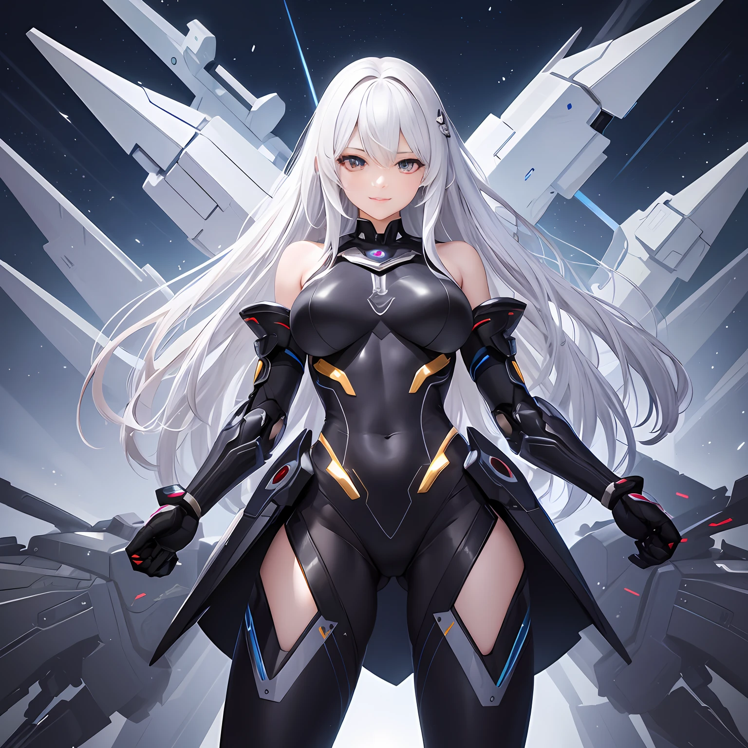 best qualtiy、tmasterpiece、超高分辨率,verism style,cold light,Realistic lighting,RAW photogr,fully body photo,A world full of technology and magic,the night,1girll,Magic Tech Mech,facing at the camera,Long white hair smiling,delicated face,The body is curvy,Perfect anatomical physique,detail-rich,standing on your feet,Mecha tights,Magic mech,high high quality,Hands are naturally open,Beautiful posture