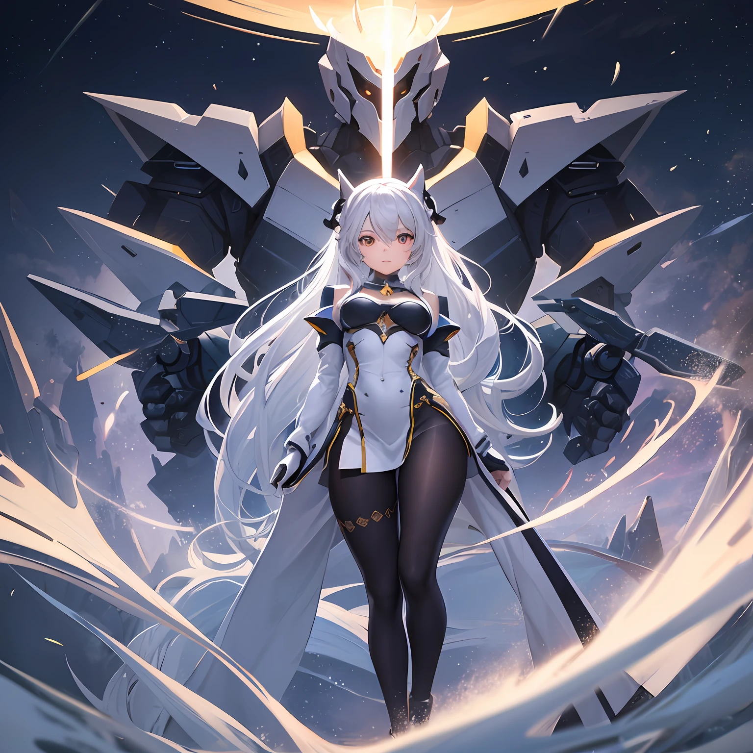 best qualtiy、tmasterpiece、超高分辨率,verism style,cold light,Realistic lighting,RAW photogr,fully body photo,A world full of technology and magic,the night,1girll,Magic Tech Mech,facing at the camera,Long white hair smiling,delicated face,The body is curvy,Perfect anatomical physique,detail-rich,standing on your feet,Mecha tights,Magic mech,high high quality,Hands are naturally open,Beautiful posture