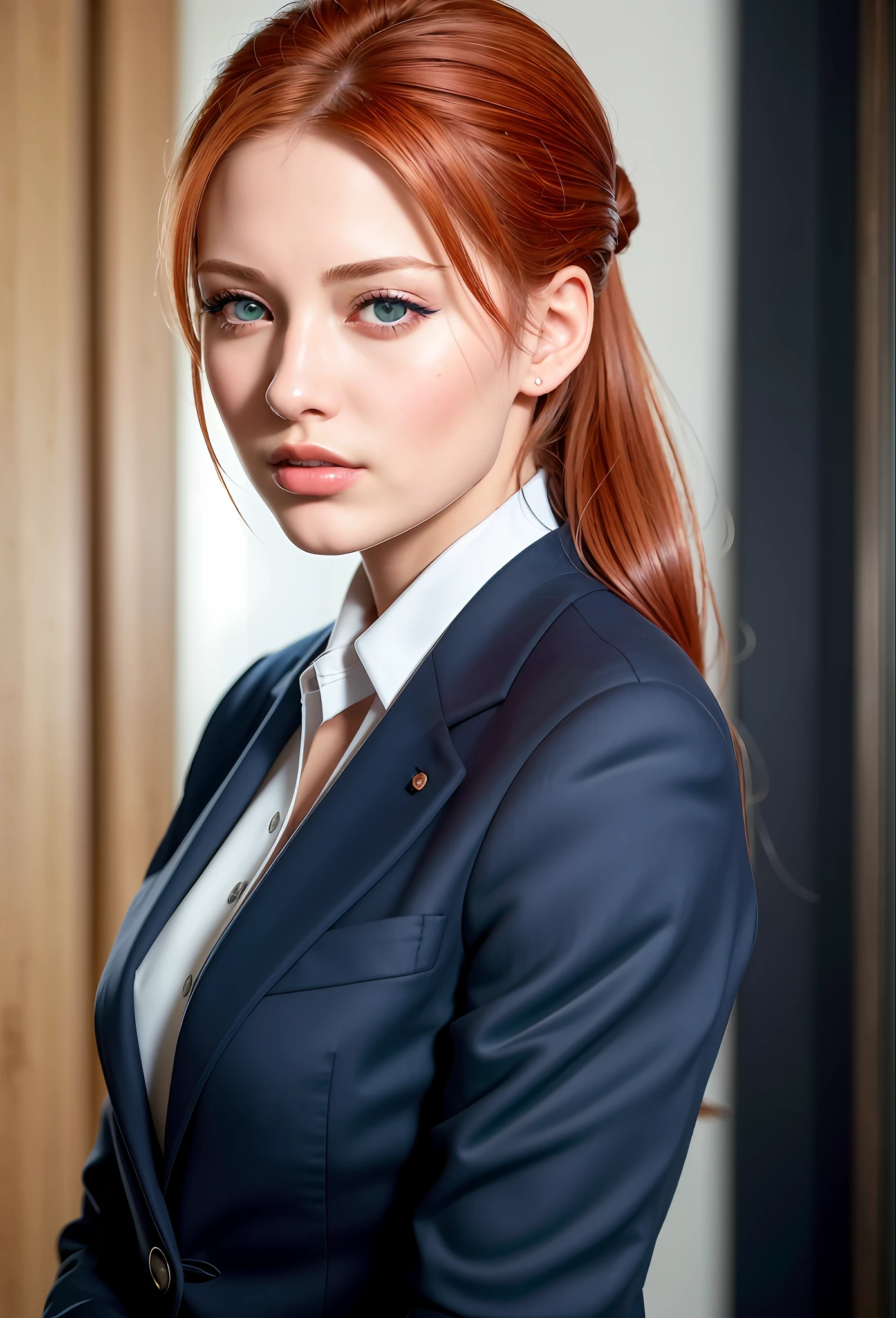 Russian, model, fit face, (best quality, ultra high res, raw photo, masterpiece, extremely detailed photograph), (photorealistic:1.4), 1girl solo focus, looking at viewer, pov, closeup, (sharp chin:1.5), (ponytail), auburn hair, green eyes, from above, young woman, (navy blue business suit:1.5), (office room background, indoor),