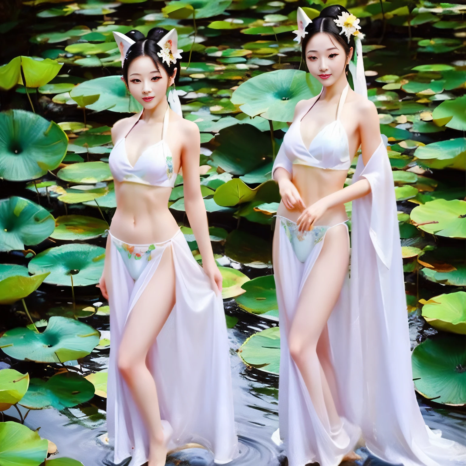 ((4k,masterpiece,best quality)), shuimobysim, Chinese painting, lotus, hanfu, maxiskit, dressed conservative 1 girl, solo, white hair, long hair, fox ears, white, bikini, fish, many fish close to the girl, looking at the audience, teasing