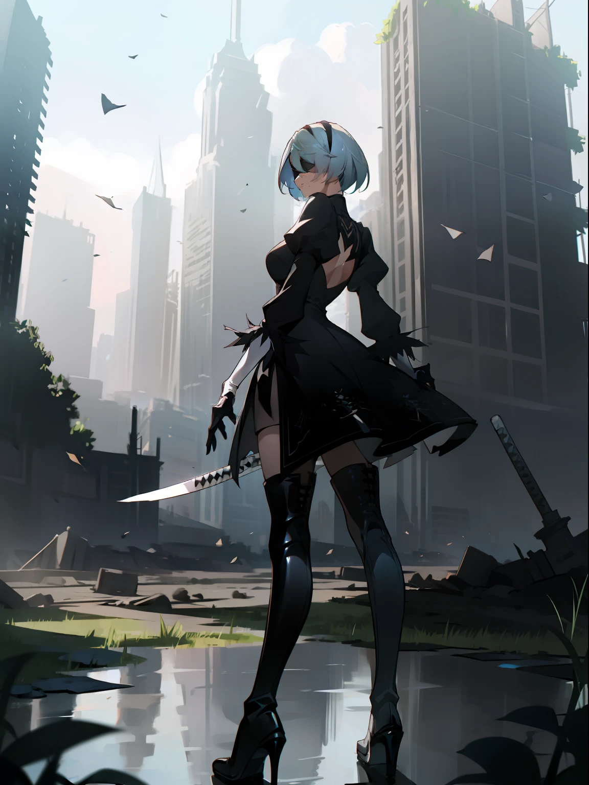 masterpiece, best quality, detailed face, extremely detailed, yorha no. 2 type b, 1girl, solo, absurdres, 8k, black blindfold, black dress, black hairband, blindfold, eye highlights blue sky, boots, building, city, cloud, covered eyes, debris, dress, feather-trimmed sleeves, feather trim, from below, gloves, grass, hairband, high heel boots, high heels, highres, juliet sleeves, katana, leather, leather boots, long sleeves, nier \(series\), nier automata, outdoors, overgrown, pod \(nier automata\), post-apocalypse, puddle, puffy sleeves, rubble, ruins, scenery, sky, thigh boots, thighhighs, thighhighs under boots, water