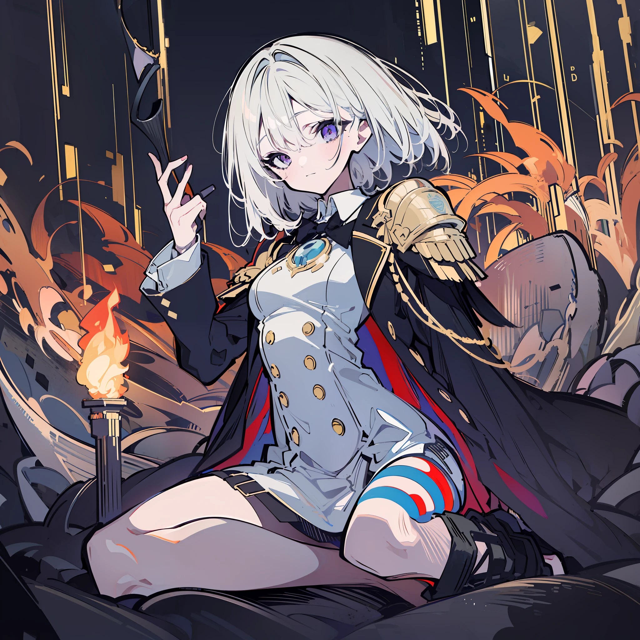 (Golden Ratio:1.2),[(black background:1.4)::10],(masterpiece), (best quality), (ultra detailed),(disheveled hair),(illustration),1 girl,solo,full body,white hair,purple eyes,short hair,voluminous hair,Black Tailcoat,Phnom Penh's monocle,small breasts,silm weist,(athletic body:1.2),(Sitting on one end of the scale in the hand of the goddess of justice, look at the viewer:1.2)+(In the pitch-black courtroom:1.3)+[(Inception:1.2)],(//The torches used as lighting in the courtroom have blue flames:1.2)//+(Countless abandoned rust mechanical remains),UHD, retina, anatomically correct, textured skin, super detail, best quality, highres