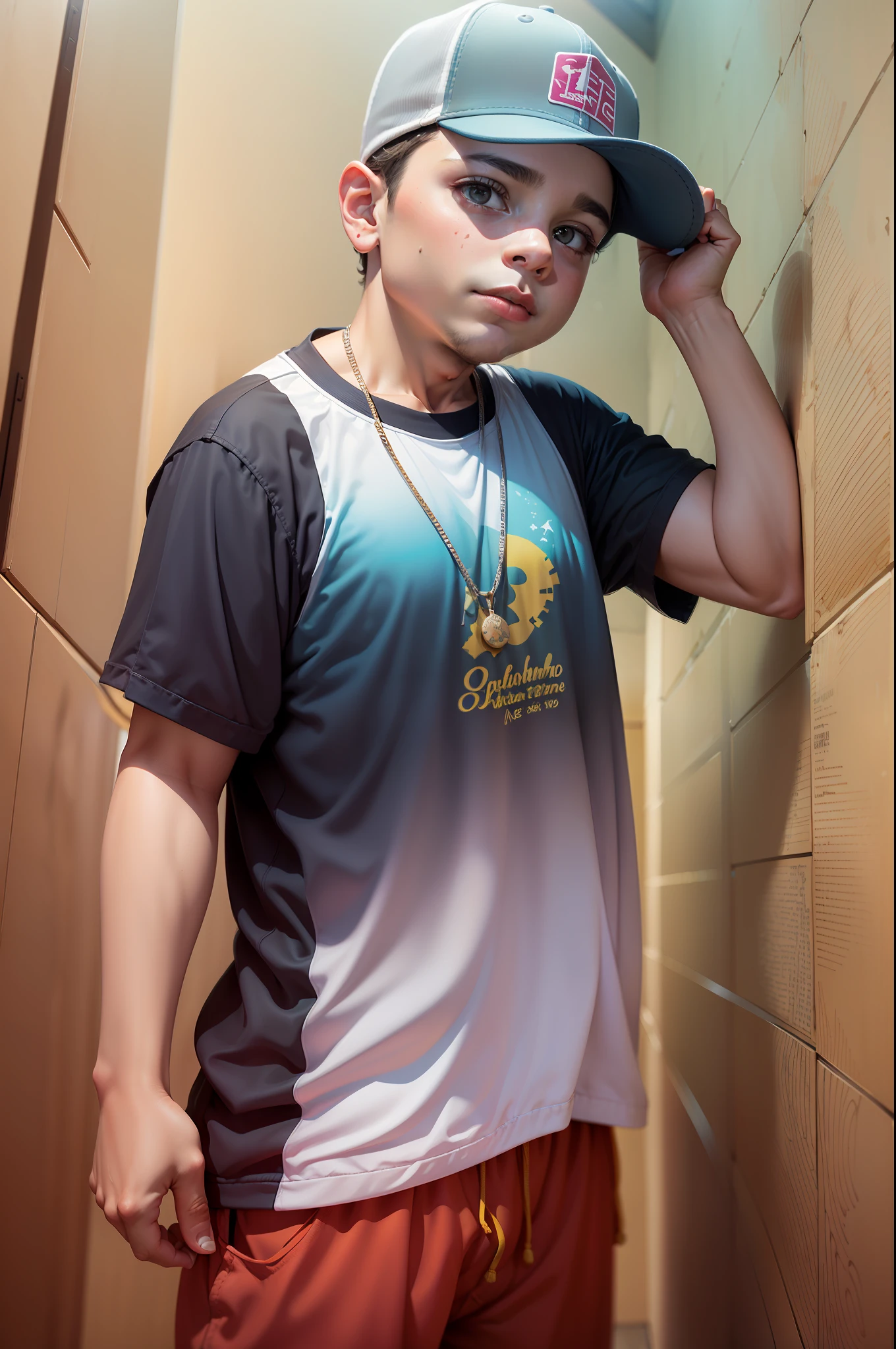 ((melhor qualidade)), ((obra-prima)), (altamente detalhado:1.3), ...... Theomazv Um garoto de 10 anos de idade vestindo um casaco com capuz, estilo urbano, hip hop style, altamente detalhado, rosto detalhado, cinematic lighthing. De fundo uma parede com pintura em graffiti.