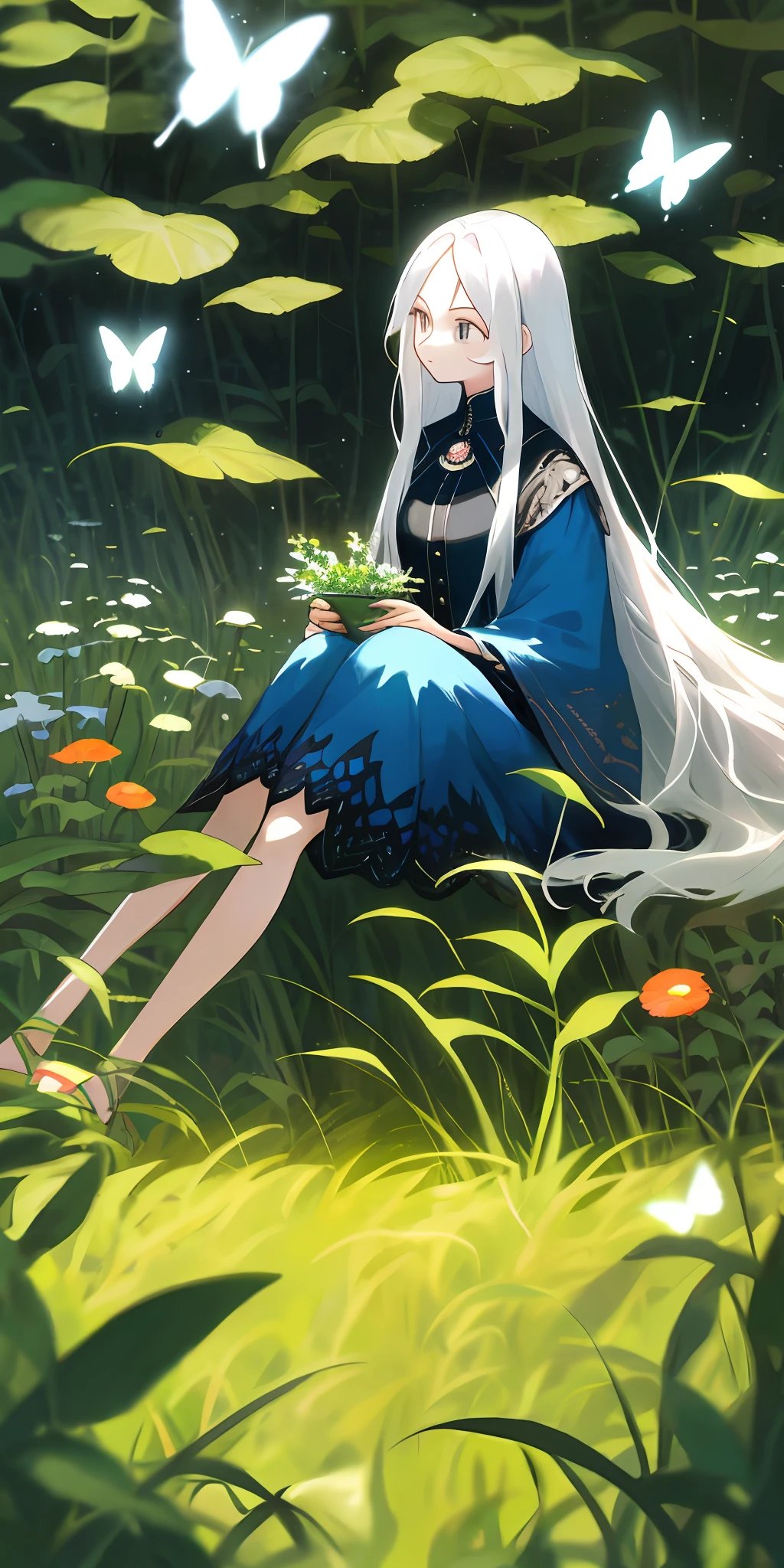 （tmasterpiece，best qualtiy），1 girl with long white hair sitting in a field of greenery and flowers，Surrounded by butterflies