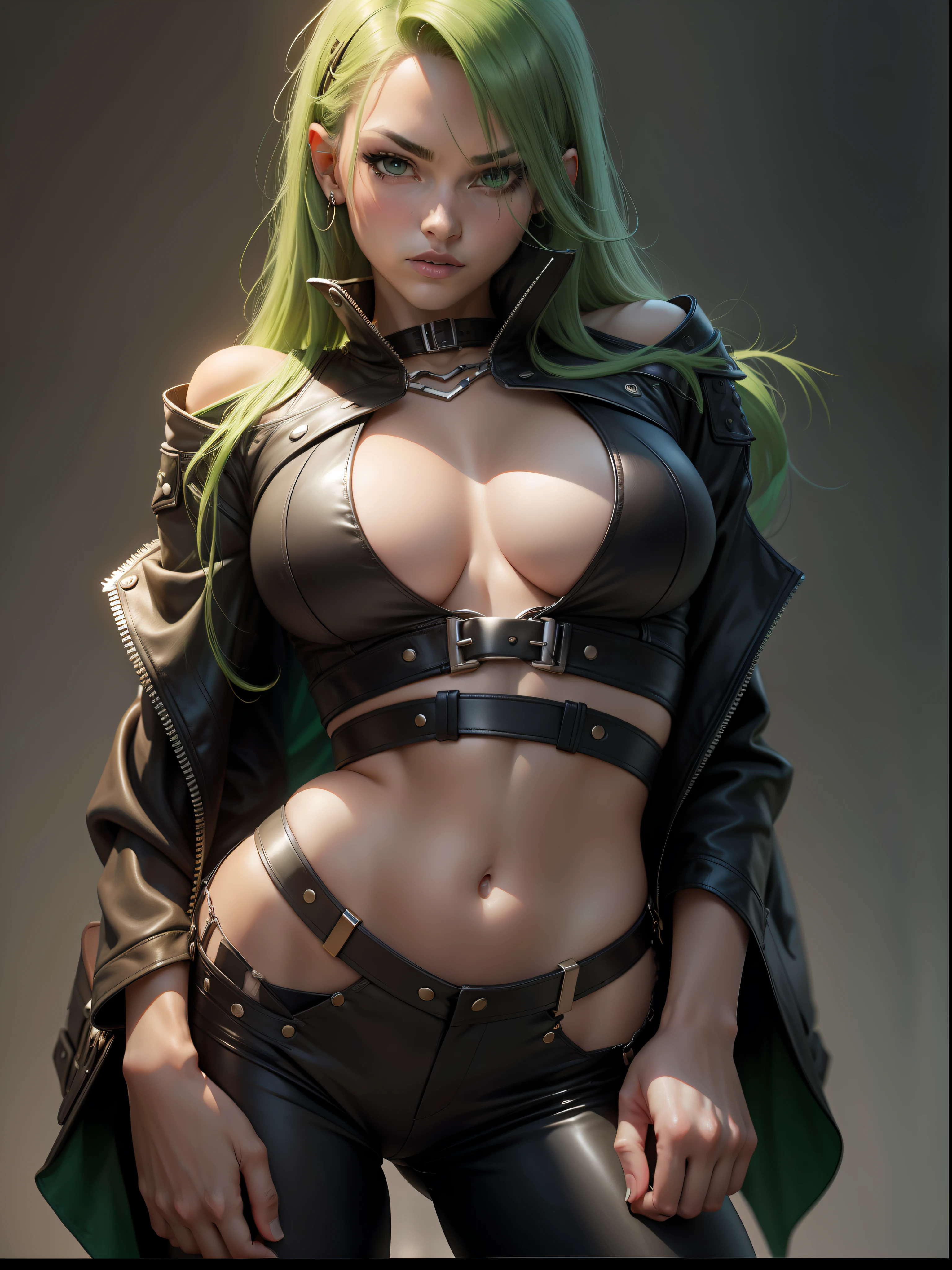 A rogue with medium and green hair, olhos verdes. Usandouma blusa de mangas longas e soltas, leather bust that exposes the navel and has a V-neck. A mulher usa piercing. A pair of tight pants on the body. Closed hands with one holding a bag of money. It's in a sexy, provocative pose. --auto