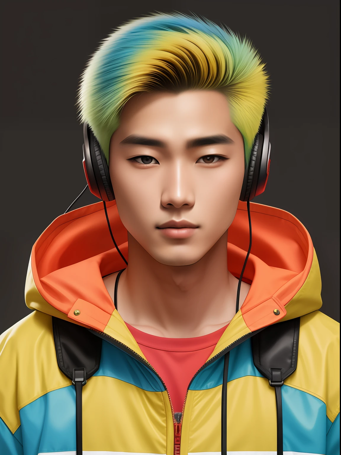 A young Asian male model wears a colorful jacket，Pick and dye your hair，Good facial features,Square face,largeeyes,Wear a hooded jacket,The light is even,Over-ear Beats-branded headphones，hyper HD,（（Delicate skin）2），real looking skin，real and realistic，detail-rich，Portrait of the upper body,above waist，Works of masters