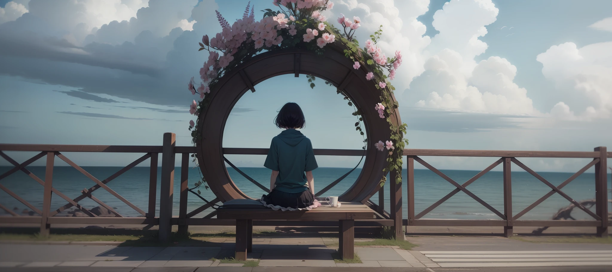 Use anime style，The sky is clear，The sea is clearer， 4K，high qulity，tmasterpiece，More perfect composition，Move deeper，More logical，springtime，Cherry blossom trees bloom next to it，Hair waist-length，Clothes become skirts