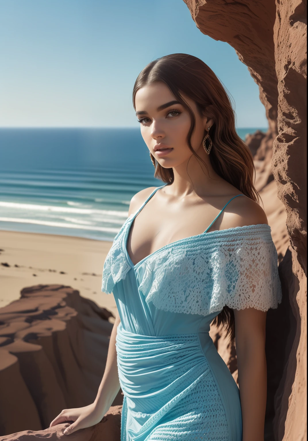 super modelo brasileira de 23 anos apresenta rosto latino, beleza de cair o queixo, Retrato Sophie Mudd, Dua Lipa, sexy:1.2 fine facial features, pele detalhada olhos castanhos, (globo ocular ultra detalhado:1.2), (symmetrical physiognomy:1.2), (anatomicamente correto:1.3), usando ((Retro Style Summer Nostalgia Dress, made of CROCHÊ manual weaves, apply intricate details of crochet weft, Design estilo moderno, maxi dress (single shoulder:1.1) em cores vibrantes, florescente, posing on an ornate paradise cliff, vista pro oceano, Cinematic lighting, Vista a 5 metros , super detalhado, UHD, ambiente natural realista, cliffs in Canoa quebrada, Ceara, Brasil, capturado com Sony FE GM, Wide-Angle, Arremesso longo, panorama, macro foto, e Angular, ccurate, super detalhe, ccurate, UHD, melhor qualidade, high resolution 4K, Professional editing in Adobe Photoshop.