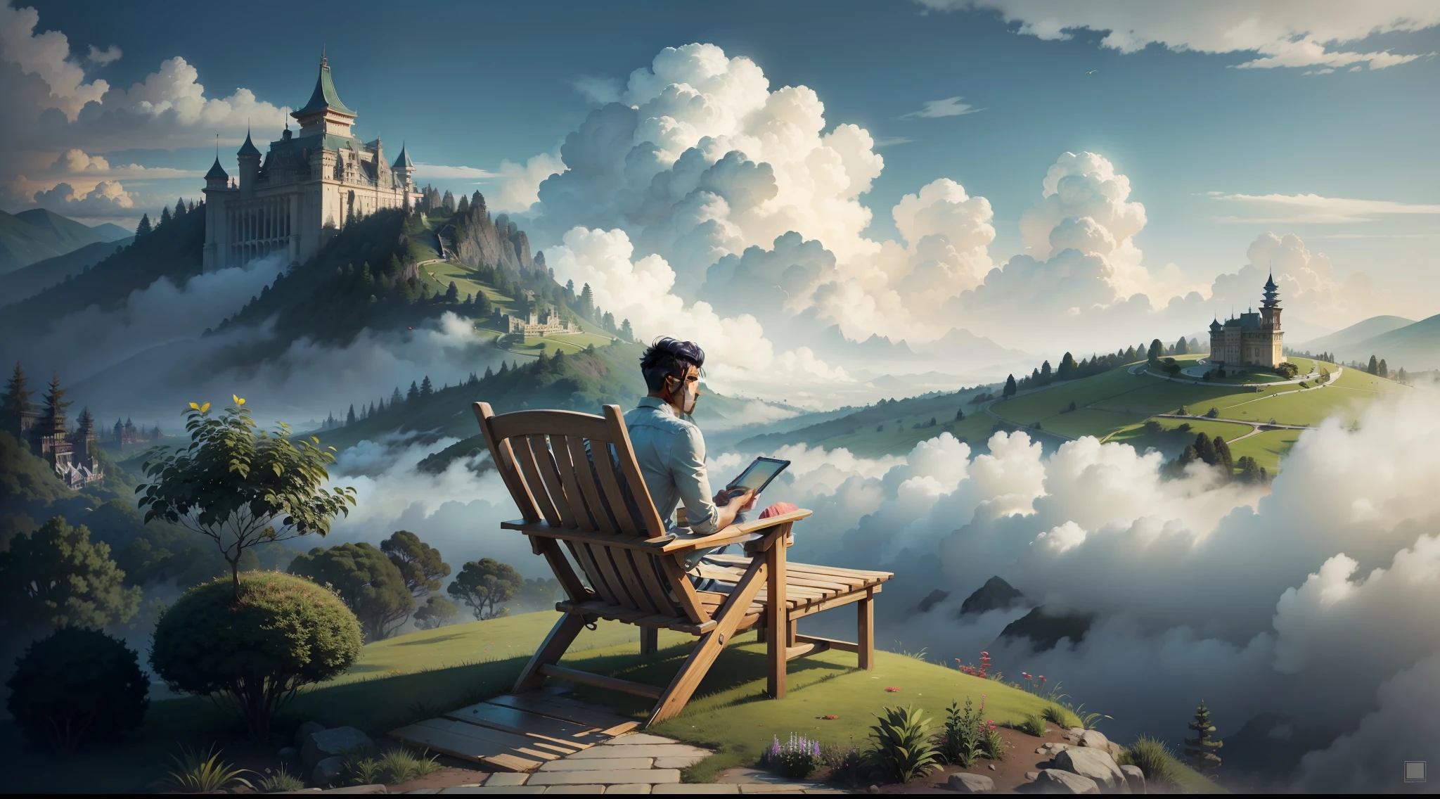 deck chair,High hills,Cloud fog,man,palaces,Gentoise,Kunpeng,vegetation