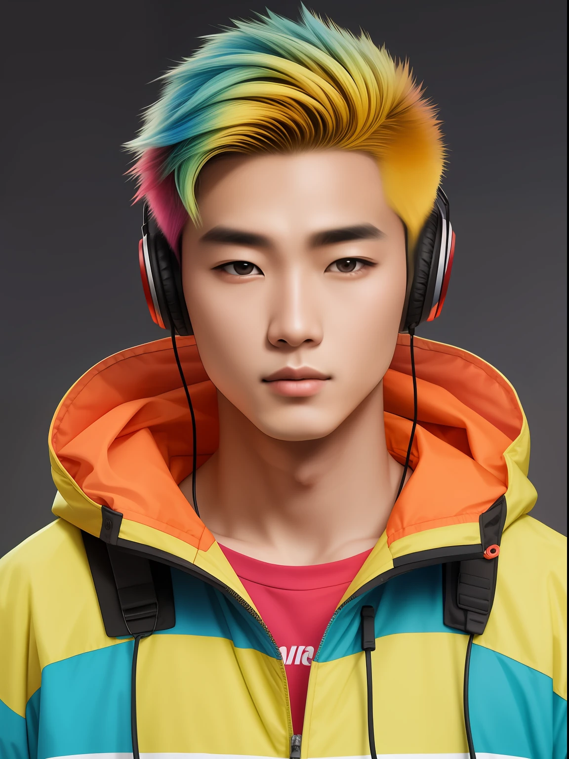 A young Asian male model wears a colorful jacket,Pick and dye your hair,Good facial features,Square face,largeeyes,Wear a hooded jacket,The light is even,Over-ear Beats-branded headphones,hyper HD,((Delicate skin)2),real looking skin,real and realistic,detail-rich,Portrait of the upper body,above waist,Works of masters