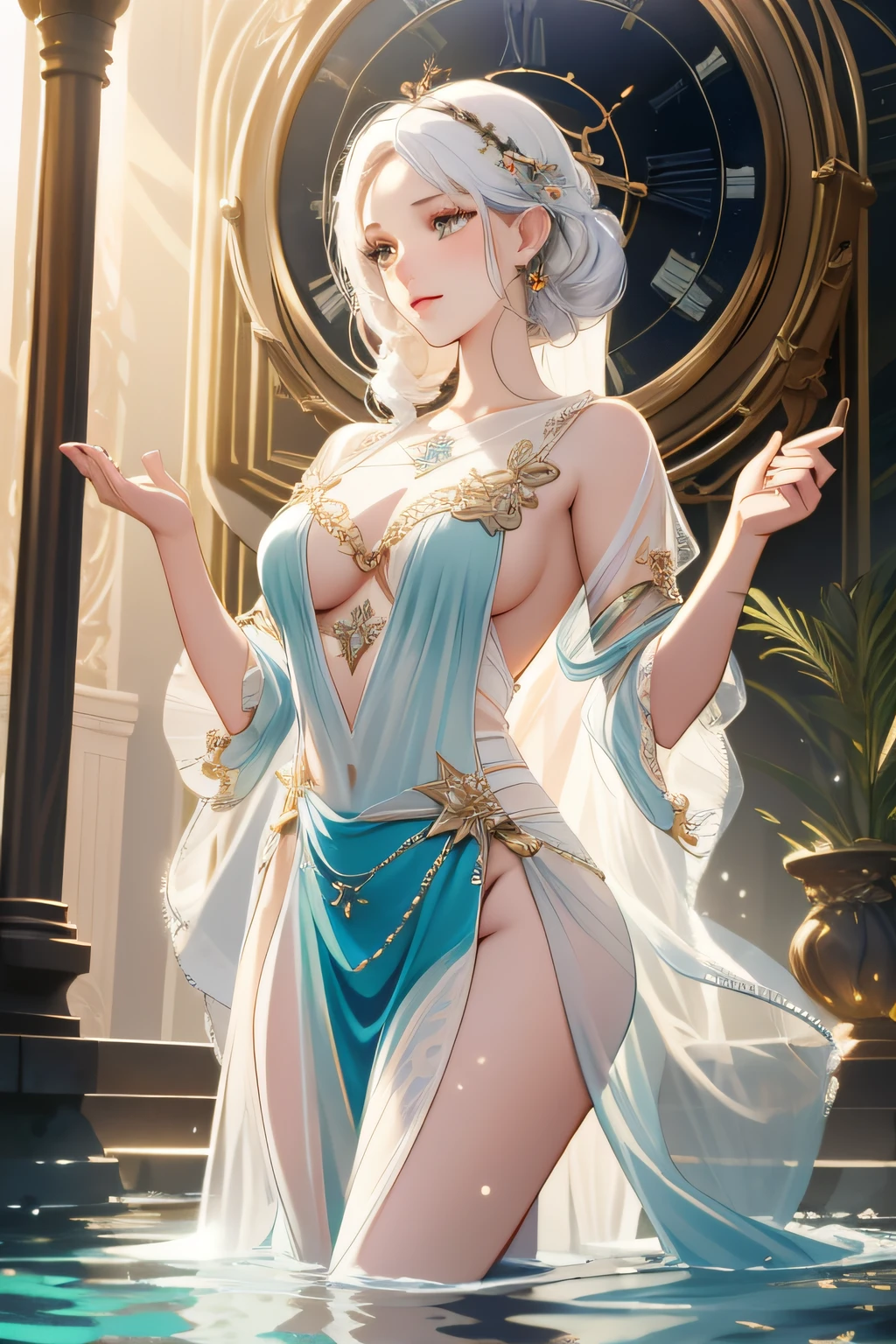 ,Best quality, masterpiece, high resolution, beautiful European Caucasian Girl, door opening, 1girl, large body, sexy extreme, light as gauze (see-through), large openwork see-through, beautiful and delicate face, (body of desire) Perfect slim body (nipple slip: 0.5), perfect snow white skin (night),view of pubic hair,splash, full body,art by Sakimichan,slight smile,plash,seductive pose, visible pubic hair, breasts visible,full body,Transparent clothing, slight smile,Jean-Baptiste Monge style, bright, beautiful , splash, Glittering , cute and adorable, filigree, , rim lighting, lights, extremely , magic, surreal, fantasy, digital art, , wlop, artgerm and james jean,floating antique clock, lamp ancient, splash,floating antique clock,face by tom bagshaw art station,, The perfect masterpiece,Highest quality,Perfect artwork,8K, Upper Body Lens,front portrait,Delicate face,Watching the audience, Mermaid Girl,Magical transparent eyes,white hair,Red background, Digital Art,plane illustrations,colorful illustration,minimalist style,anime cartoon style,