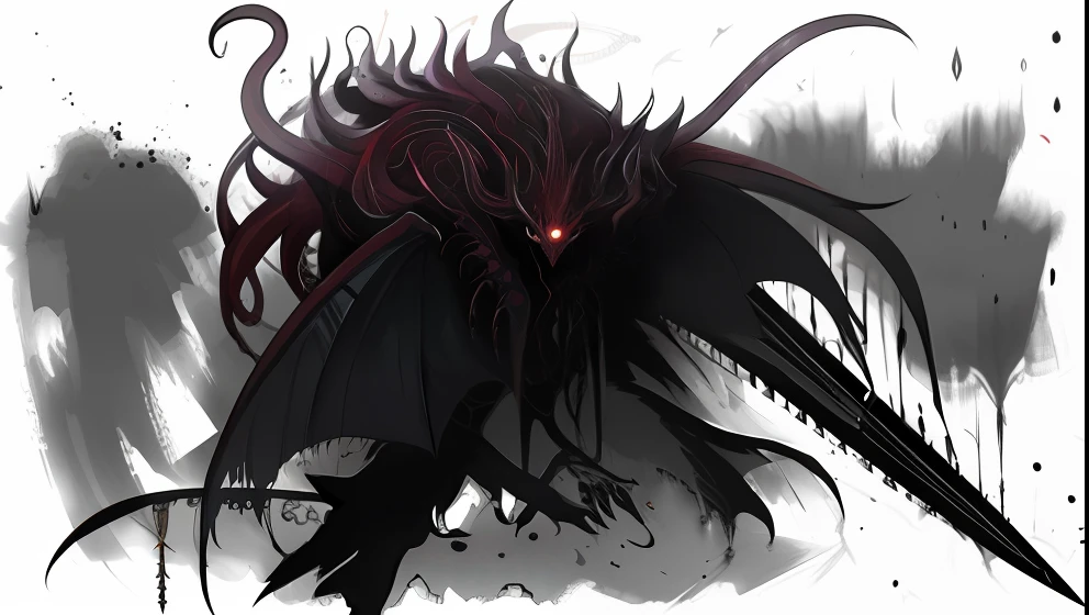 Close-up of a demonic creature with a knife in his hand, chtulhu, My Sleep Paralysis Demon, dark soul concept, Demonic creature, The cosmic essence of horror with wings, lovecraftian creature, Mindflayer, The Demon of Sleep Paralysis, Sinister creature, Hiding in the details, lovecraftian monster, dark high-contrast concept art, demon soul concept art, The Monster of Sleep Paralysis