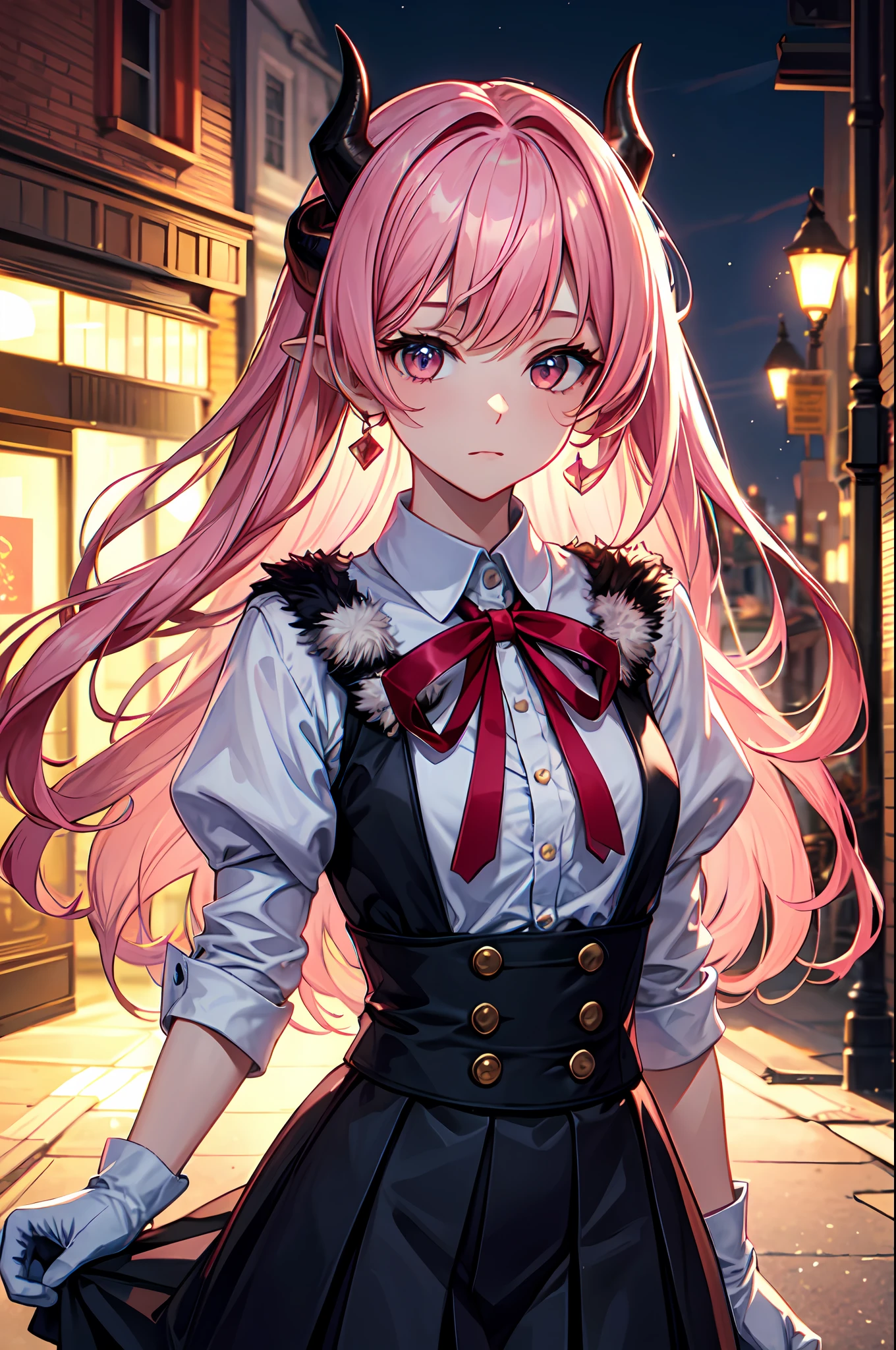 masterpiece , best quality, 1girl, solo, horns, skirt, shirt, white gloves, long hair, upper body, black skirt, gloves, fur trim, white shirt, ribbon, looking at viewer, pink hair, close up, bangs, outdoors, town, night, fantasy world