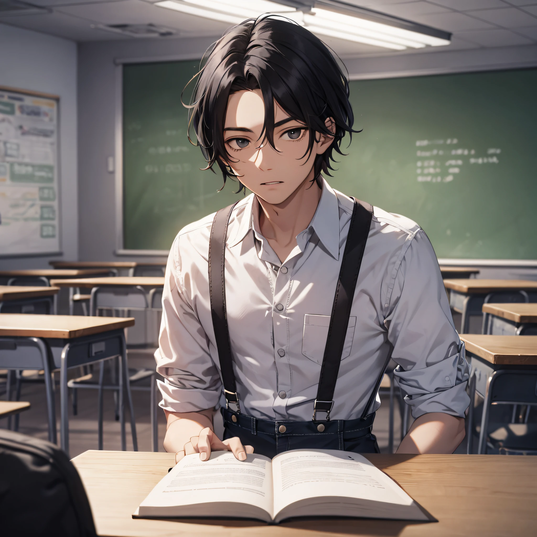Ridiculous resolution,A high resolution,(tmasterpiece:1.4),hyper-detailing,inside a classroom,The young man had messy black hair,White suspenders,A helpless expression