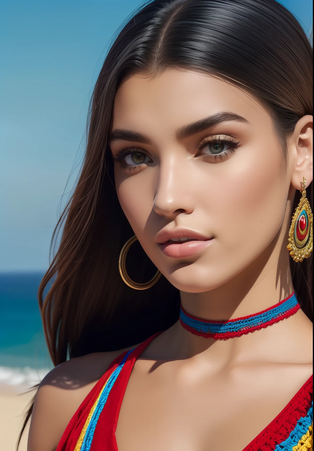 super modelo brasileira de 23 anos apresenta rosto latino,beleza de cair o queixo, Retrato Sophie Mudd, Dua Lipa, sexy:1.2 fine facial features,olhos castanhos,fisionomia simetrica,anatomicamente correto,usando ((Retro Style Summer Nostalgia Dress,made of CROCHÊ manual weaves, apply intricate details of crochet weft, Design estilo moderno,maxi dress (single shoulder:1.1) em cores vibrantes,florescente,posing on an ornate paradise cliff,vista pro oceano,  Cinematic lighting, camada de zoom,Vista a 5 metros , super detalhe, pele texturizada, UHD, ambienete natural, cliffs in Canoa quebrada, ceara, Brasil, capiturado com  Sony FE GM, Wide-Angle, Arremesso longo, panorama, macro foto, e Angular, ccurate, super detalhe, ccurate, UHD, melhor qualidade, high resolution 4K, Professional editing in Adobe Photoshop.