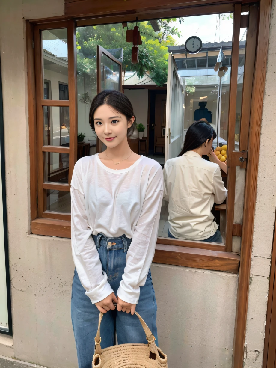 masterpiece, best quality,8k, ultra highres,Reallightandshadow,Cinema lenses,(beautidful eyes:1.1), ((中景 the scene is,The upper part of the body)) ,Early morning in a small village,Fog filled the air。The gentle goddess walked into the village,She was dressed in modest clothes,Holding a basket of fresh fruit。She walked over to an old man,Talk to him softly,Hand him fruit。The old man smiled gratefully,Their gazes seemed to exchange wordless emotions in tacit understanding。