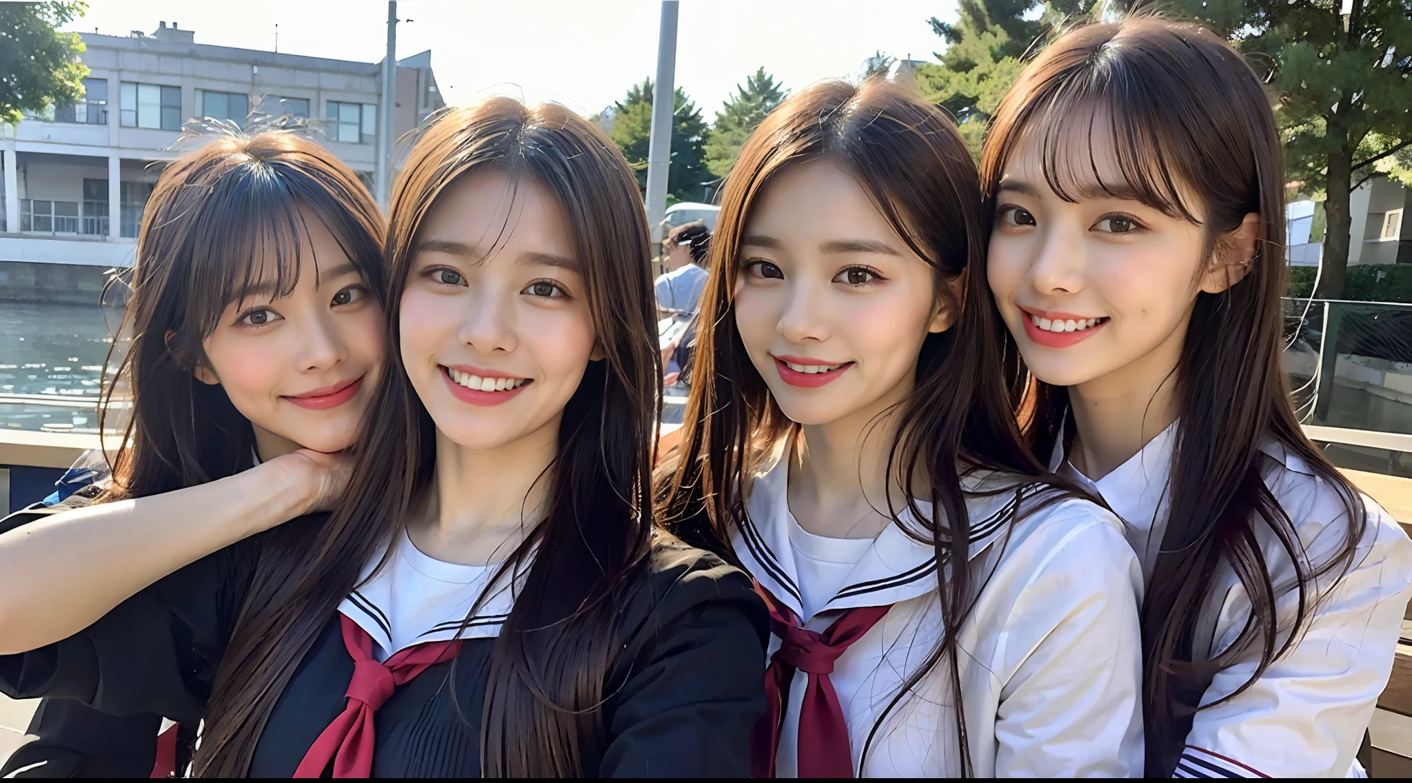 (8K、Raw photography、top-quality、​masterpiece:1.2)、ultra-detailliert、ultra res、(realisitic、Real Photographics:1.47)、(hyper realisitic:1.4)（Two women hugging each other）Above the sea、High school girl holding hands、Female proofreading hugging each other、Full of heart、Heart pattern（Fantastic lighting）head to waist、、de pele branca、Fair-skinned female proofreading、An ultra-high picture quality、、Beautiful female proofreading reflecting in light、amazing detailed、Beautiful girls in very detailed、Faces with different patterns、Different face patterns、Each hairstyle has its own characteristics、Farbe々Hairstyle、Farbe々Hair color shining with clean light、I enjoy fishing on a boat、Brown hair shining in the light、One has a ponytail、、Modern cute high school girl、very detailed faces very detailed eyes、Very realistic skin、 extremely detailed fingers, highly detailed nose, highly detail mouth, perfect anatomia, Highly detailed sailor suit、、The details of their hair and uniforms shine through、Burning teeth and smiling、Realistic body, de pele branca, glistning skin, Slim body,  Long straight hair, (Blunt bangs:1.2), , nixeu and sakimichan, TWICE, Seifuku, sakimichan, JK Uniform, wearing japanese school uniform, promo still, Larisa Manobal, Japan school uniform, japanese girl school uniform, alena aenami and lilia alvarado