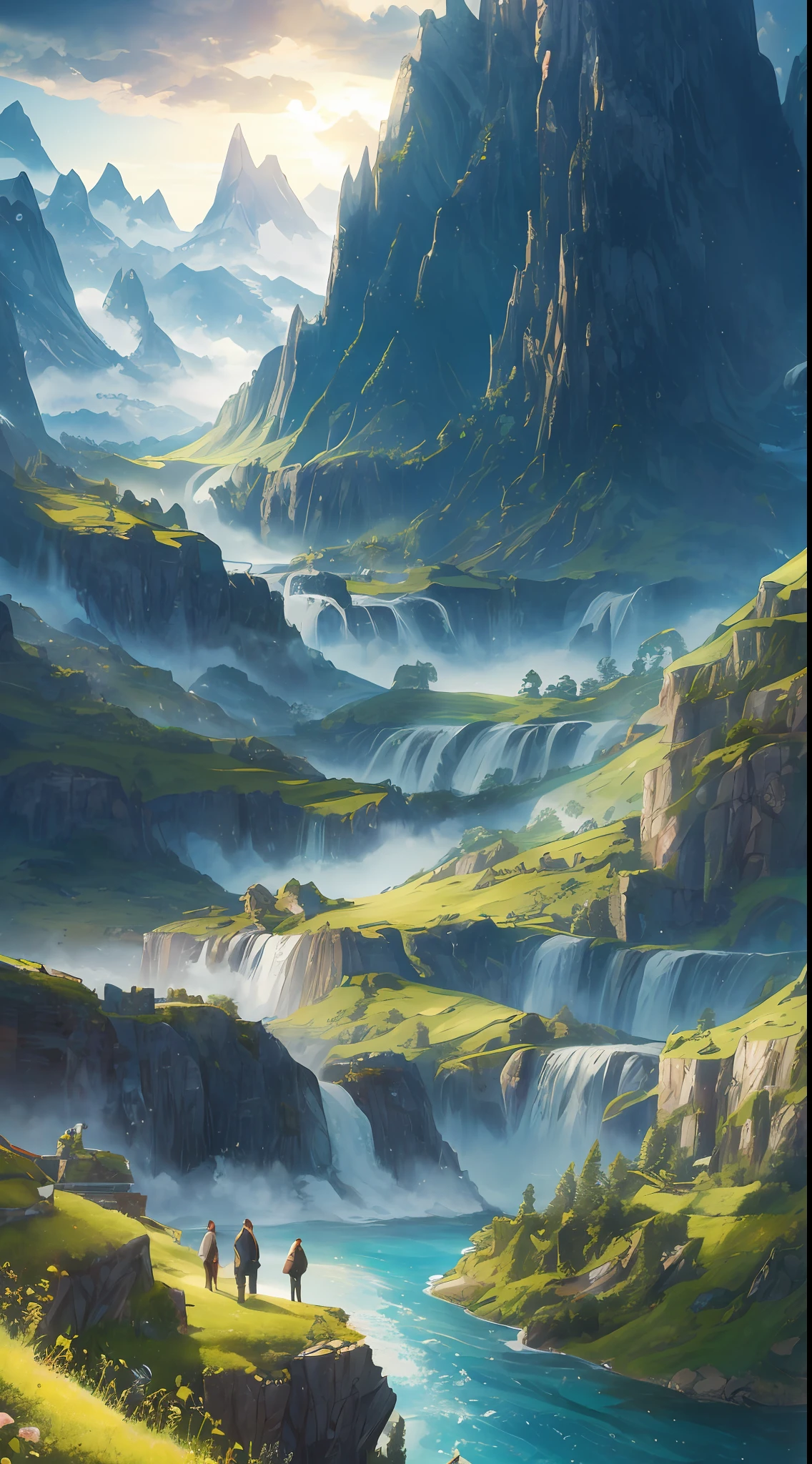 Masterpiece, best quality, high quality, extremely detailed CG unity 8k wallpaper, landscape, outdoor, sky, cloud, sky, no humans, mountain, landscape, water, tree, blue sky, waterfall, cliff, nature, lake, river , cloudy skies, award winning photography, bokeh, depth of field, HDR, bloom, chromatic aberration, photorealism, very detailed, trending on artstation, trending on CGsociety, intricate, high detail, dramatic, midjourney art --auto