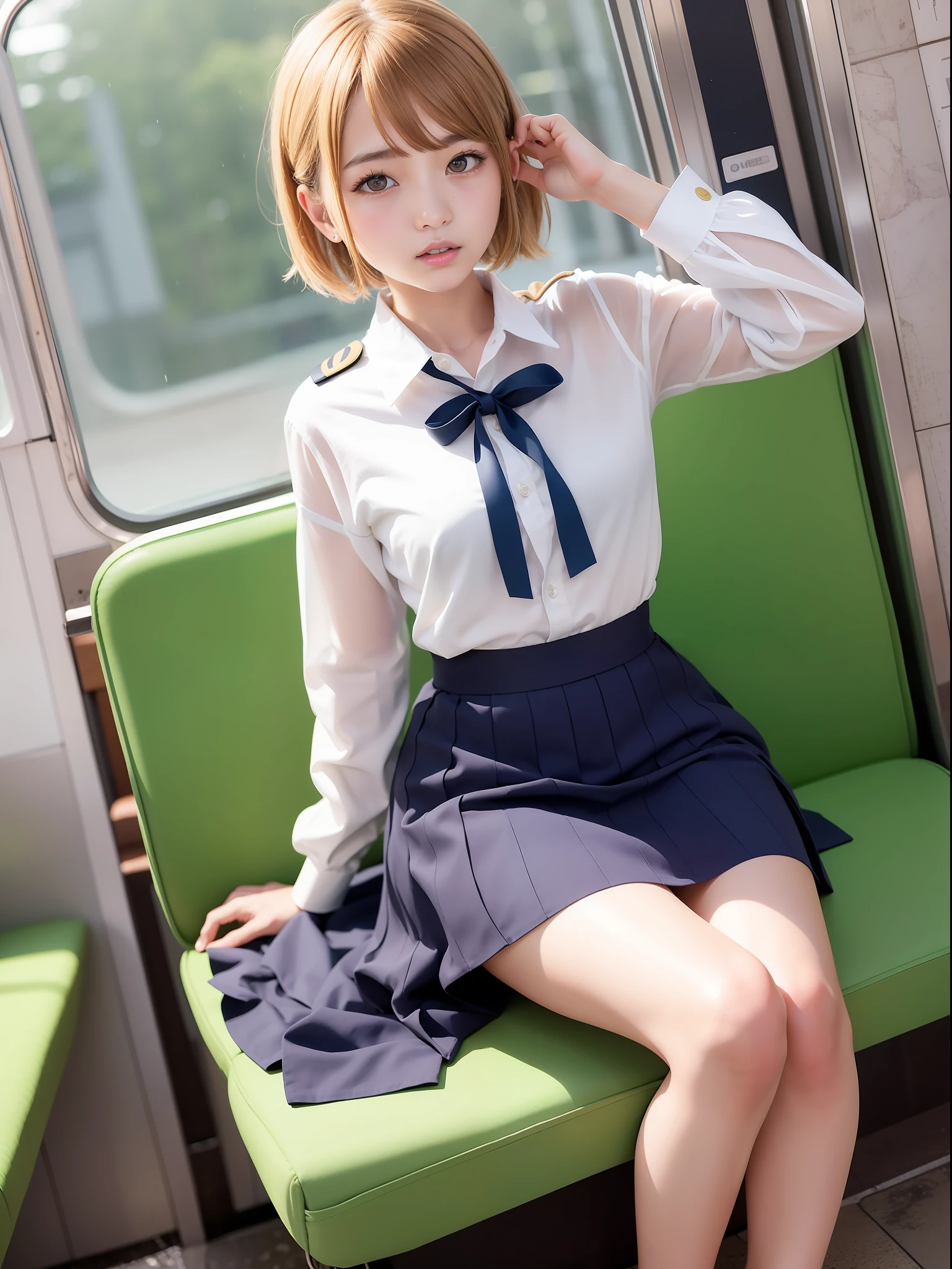 Japanese Girls、18歳の女の子、ple short hair、Blond Hair、bangs、BROWN EYES、Perfect figure、Sense of transparency、luster、gloss、modest chest、School Uniforms、Navy blue ribbon、Light blue shirt、Navy blue skirt、Guangyue、Burning body、hposing Gravure Idol、On the train、Beautiful feet、Strong sunlight、Nasty、Rain-drenched body、wet