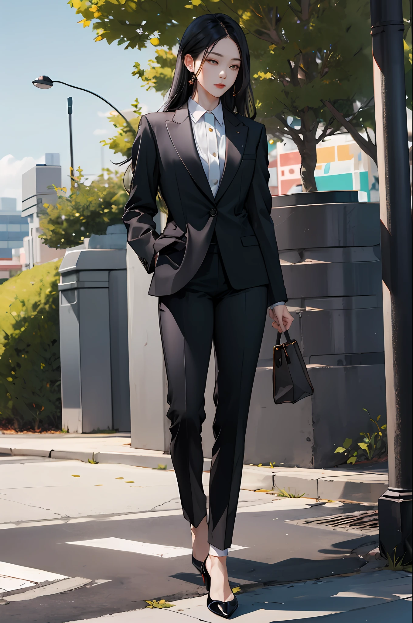 the best quality masterpiece,Woman with long hair,Short black socks,Wear an all-black suit,Look at black high heels,park environment