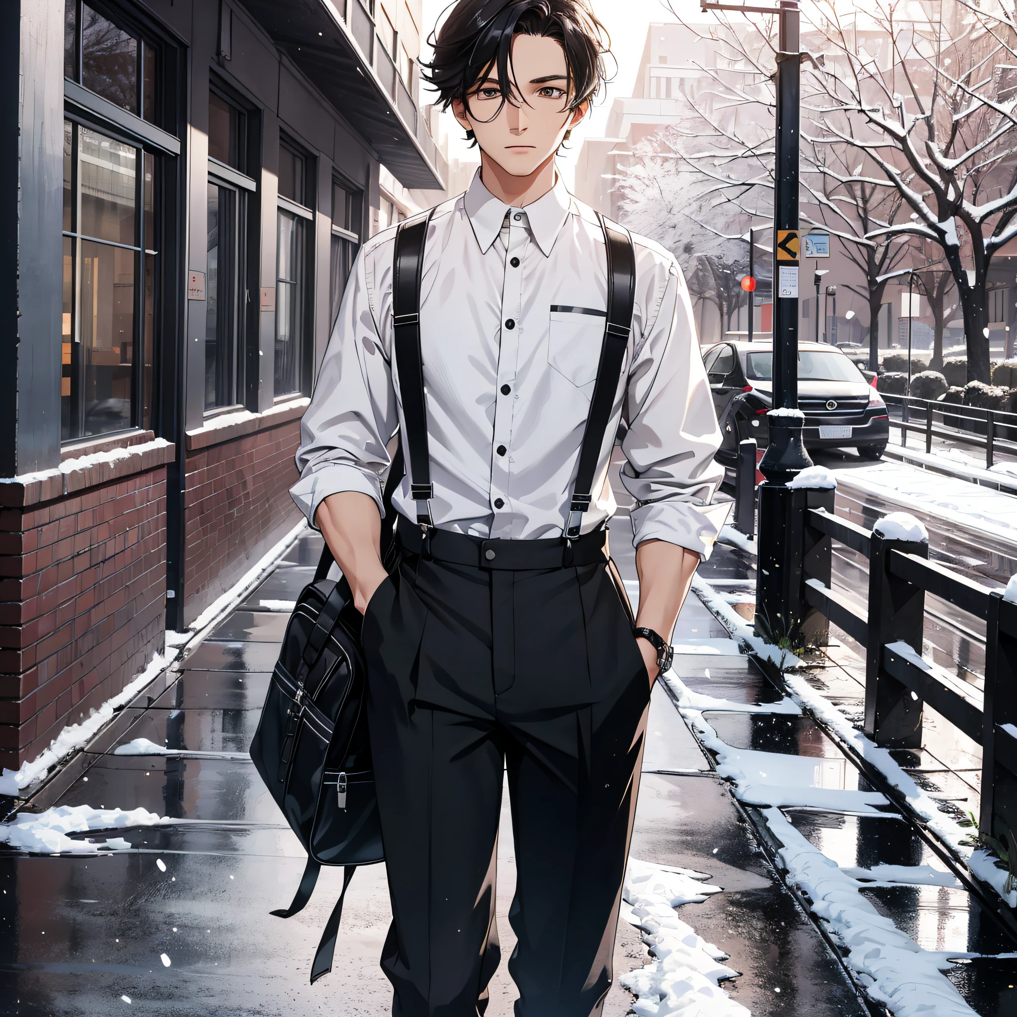 Ridiculous resolution,A high resolution,(tmasterpiece:1.4),hyper-detailing,A runway on campus,are standing,nevando,snowfield,The young man had messy black hair,White suspenders,serious expressions
