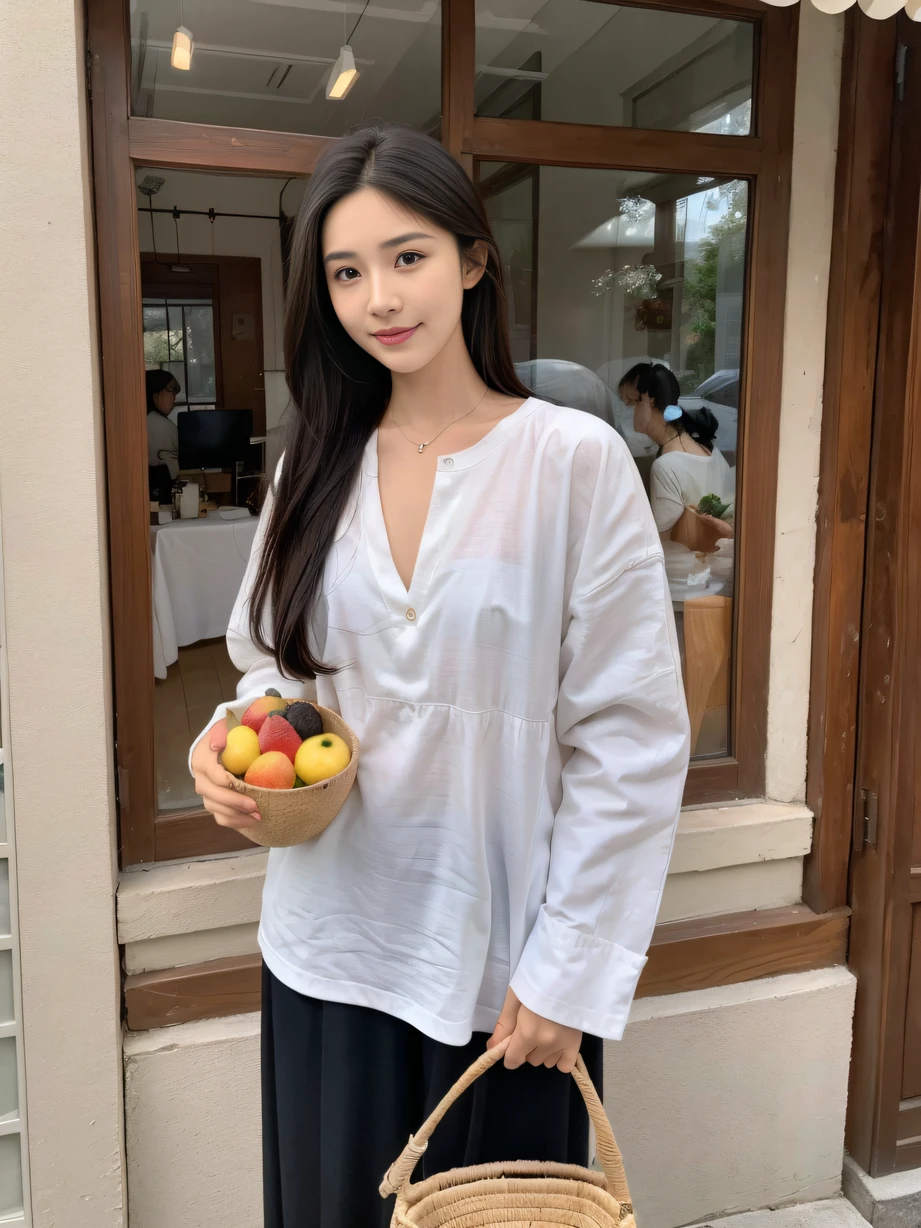 masterpiece, best quality,8k, ultra highres,Reallightandshadow,Cinema lenses,(beautidful eyes:1.1), ((中景 the scene is,The upper part of the body)) ,Early morning in a small village,Fog filled the air。The gentle goddess walked into the village,She was dressed in modest clothes,Holding a basket of fresh fruit。She walked over to an old man,Talk to him softly,Hand him fruit。The old man smiled gratefully,Their gazes seemed to exchange wordless emotions in tacit understanding。
