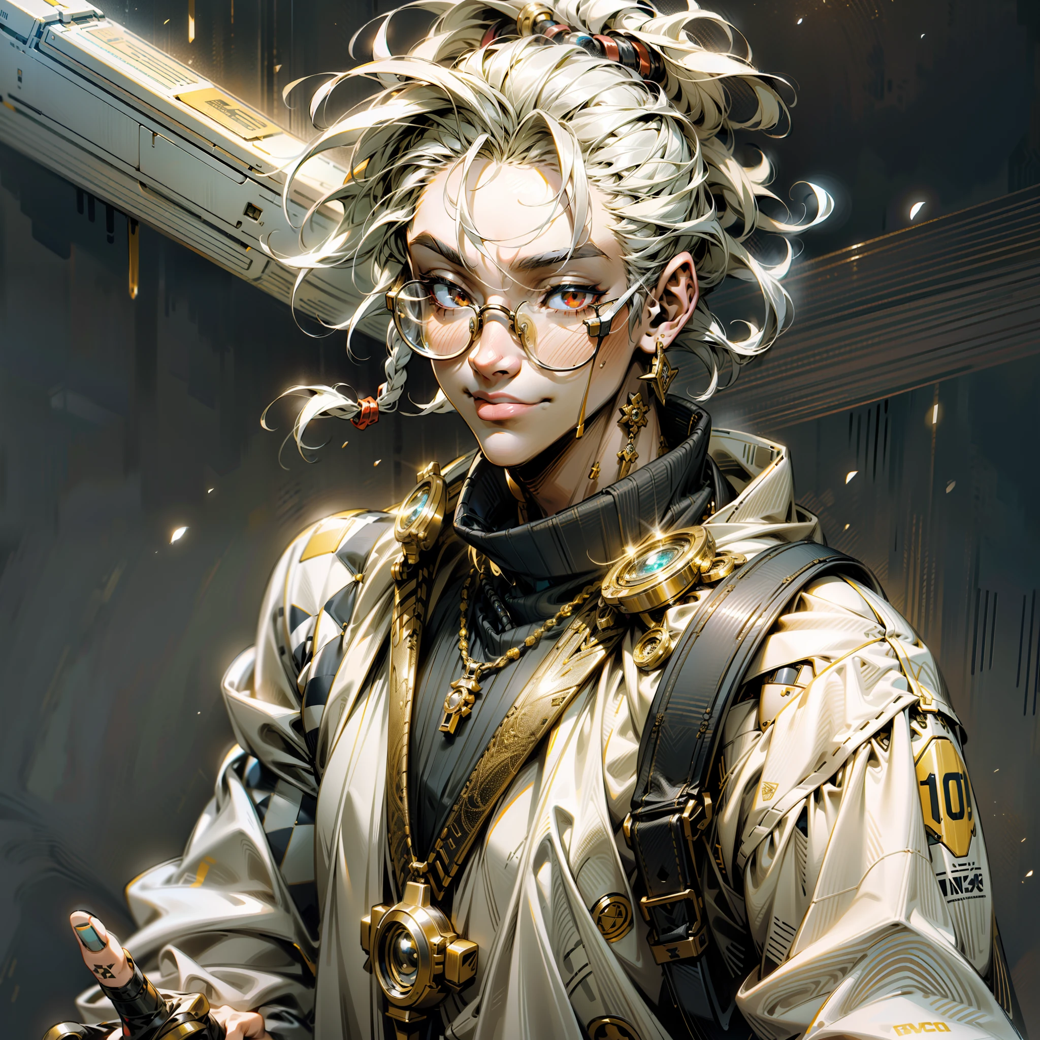 1boy, (muscular: 0.9), looking at the viewer, cyberpunk, masterpiece, best qualified, high quality, (futuristic), film lighting, (exquisite futuristic), super detailed, great composition, floating, depth of field, (very detailed CG, 8k unit wallpaper), (beautifully detailed background), dramatic lighting, anatomically perfect, perfect fingers, cyberpunk arm, perfect anatomy, white sweatshirt, glasses, tongue out,  short white hair shaved from the sides with bangs on the front, glasses, well-detailed red eyes, smile with line out white samurai, anime, (Improve Image) (Best Quality) Juice Wrld-style art: Black man with short Dreads hair and with the color of the Dreads in half yellow and half black, landscape floating in space with jewelry and designer clothes, bracelets studded in silver and gold in anime style one piece