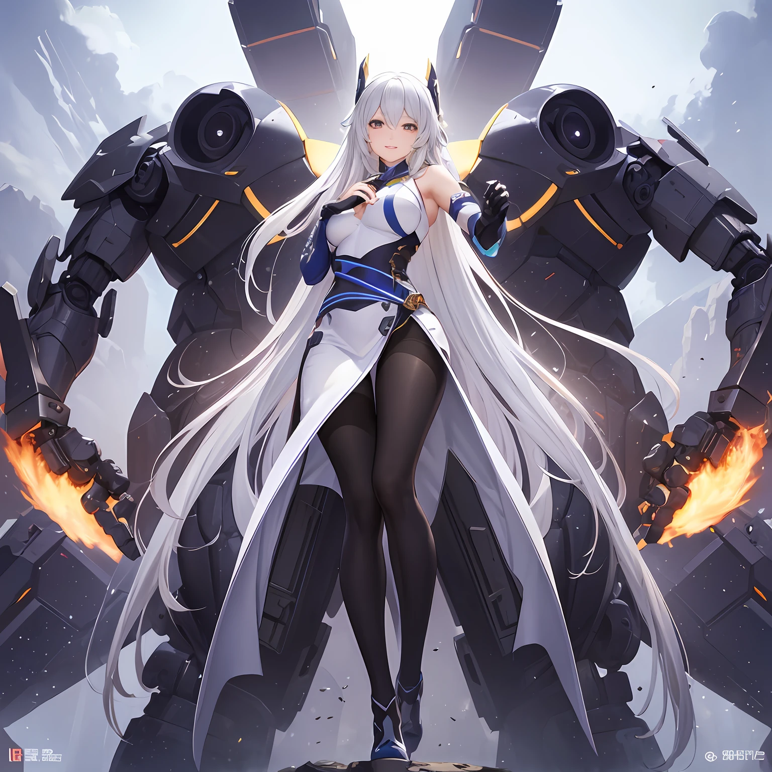 best qualtiy、tmasterpiece、超高分辨率,verism style,cold light,Realistic lighting,RAW photogr,fully body photo,A world full of technology and magic,the night,1girll,Magic Tech Mech,facing at the camera,Long white hair smiling,delicated face,The body is curvy,Perfect anatomical physique,Bigchest,detail-rich,standing on your feet,Mecha tights,Magic mech,high high quality,Hands are naturally open,Beautiful posture,Big robot behind it