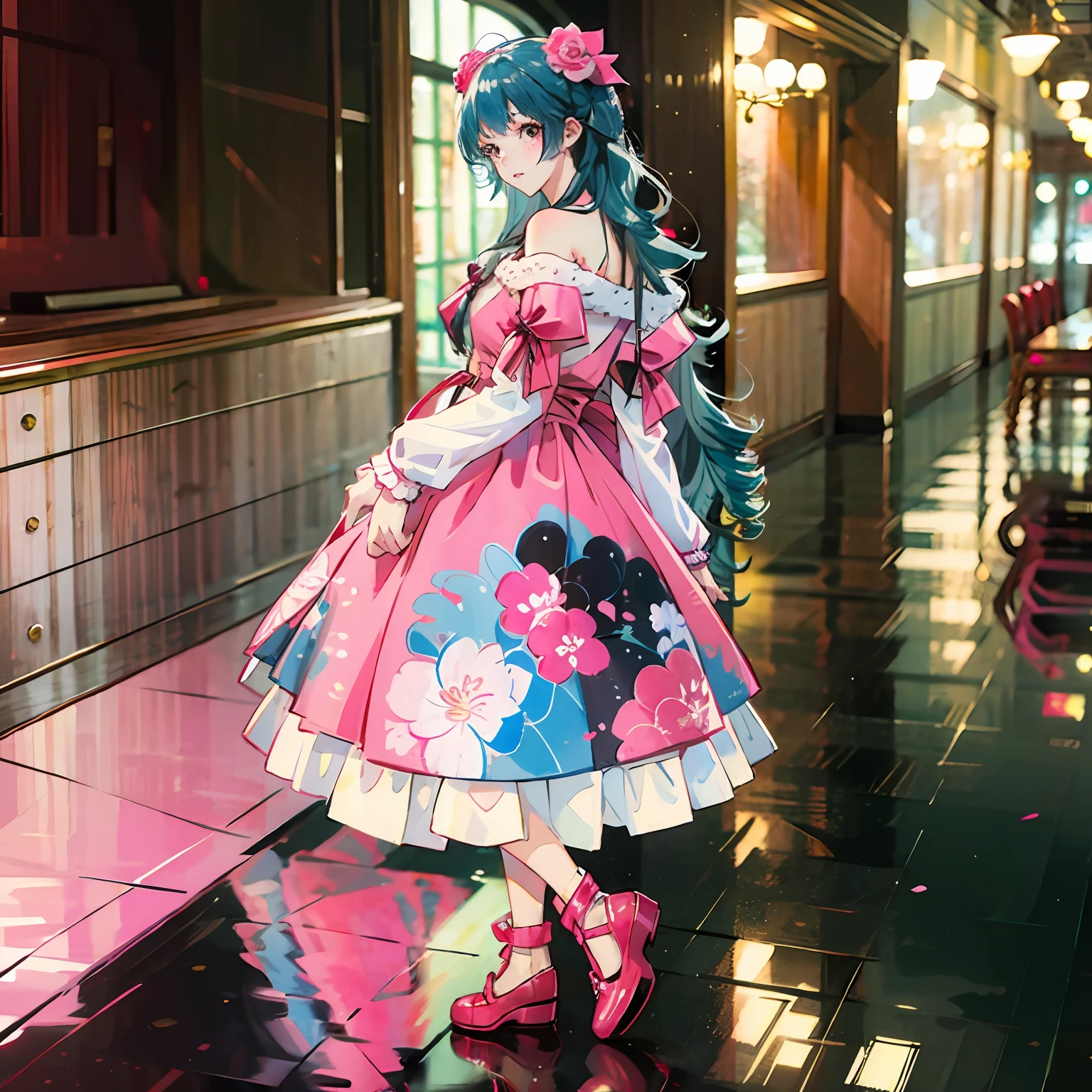 one-girl，Long curly blue hair，Fluffy floral dress，Pink shoes