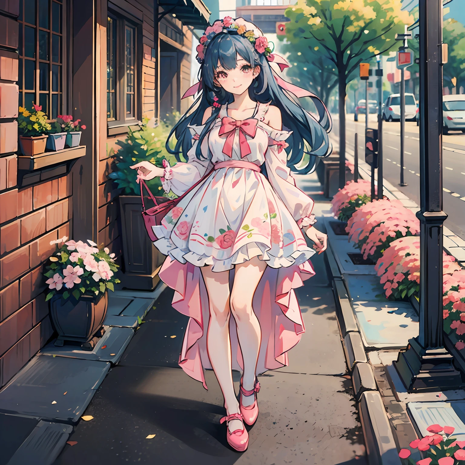 one-girl，Long curly blue hair，Fluffy floral dress，Pink shoes，Sweet smile