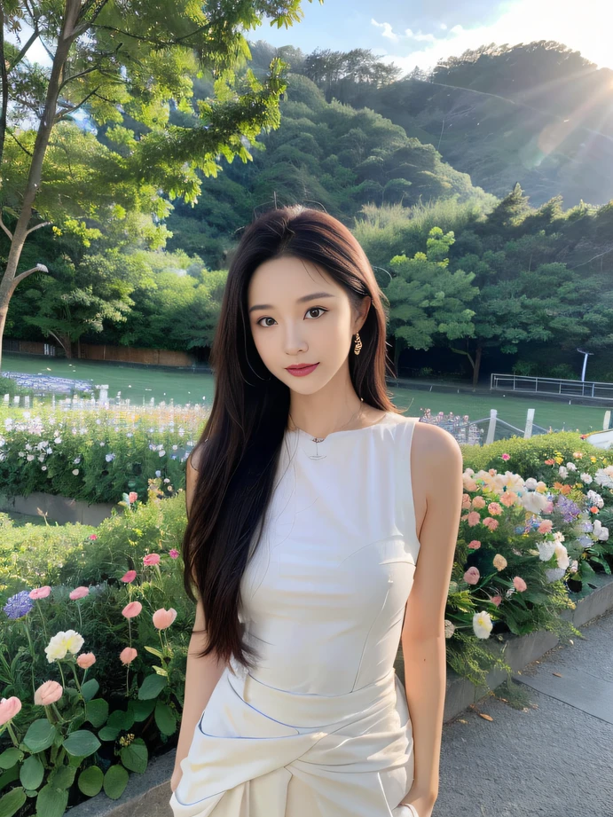 masterpiece, best quality，8k, ultra highres，Reallightandshadow，Cinema lenses，(beautidful eyes:1.1)， ((中景 the scene is，The upper part of the body)) ，The gentle goddess stands on the top of the mountain，Overlooking the vast land。Her gaze was firm and calm，Her long hair is flowing with the wind。She raised her arm，It is like conveying a selfless love and warmth to the world。The flowers in the distance also seem to bloom more brilliantly because of this，The landscape responds harmoniously to her presence。