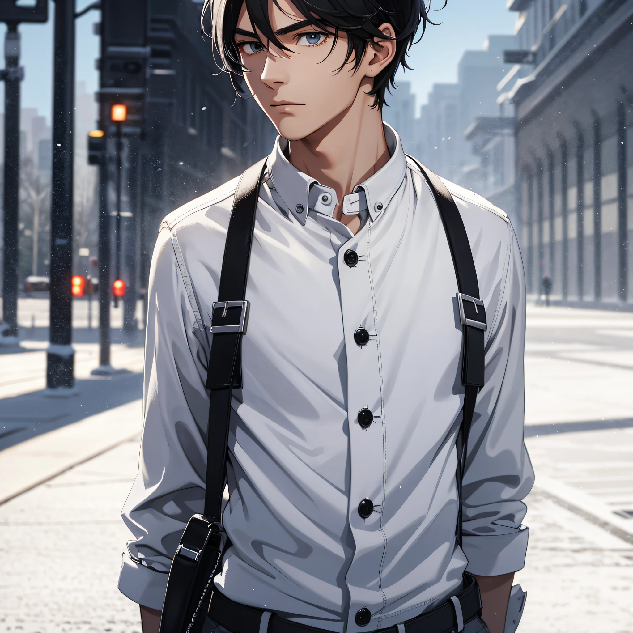 Ridiculous resolution,A high resolution,(tmasterpiece:1.4),hyper-detailing,A runway on campus,are standing,nevando,snowfield,The young man had messy black hair,White suspenders,serious expressions