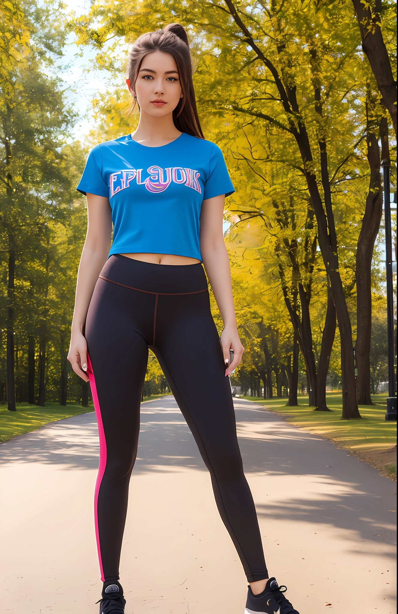 stunning intricate full color portrait, epic character composition, full body, sharp focus, natural lighting, subsurface scattering, f2, 35mm, film grain, btpt-fc, round neck, basic tee-shirt, yoga pants with camel toe, detailed face, colorful clothing, park, sky, trees, short hairs. European girl.