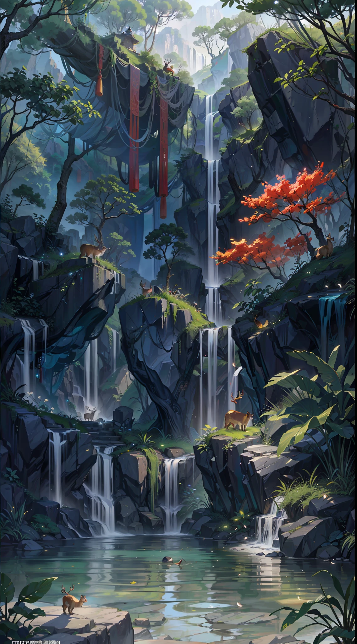 Chinese ancient times, spring, jungle, lake, cave, waterfall, tree, meadow, rock, deer, hot spring, water vapor, (illustration: 1.0), epic composition, realistic lighting, HD details, masterpiece, best quality, (very detailed CG unified 8k wallpaper) --auto