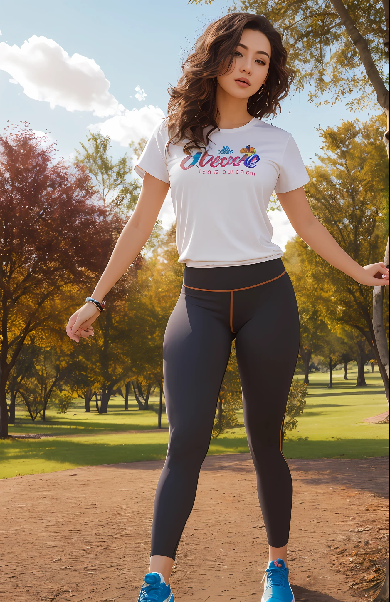 stunning intricate full color portrait, epic character composition, full body, sharp focus, natural lighting, subsurface scattering, f2, 35mm, film grain, btpt-fc, round neck, basic tee-shirt, yoga pants with camel toe, detailed face, colorful clothing, park, sky, trees, short hairs. European girl.