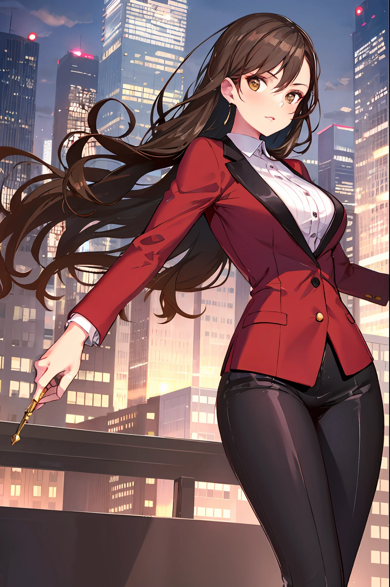 CharlotteCarmen, long hair, brown hair, curly hair, hazel eyes, woman, Entrepreneur, power suit, skyscraper, urban landscape, Annie Leibovitz, business portrait, confident, powerful, determined, ambitious, successful, influential, charismatic, captivating, stunning, beautiful.