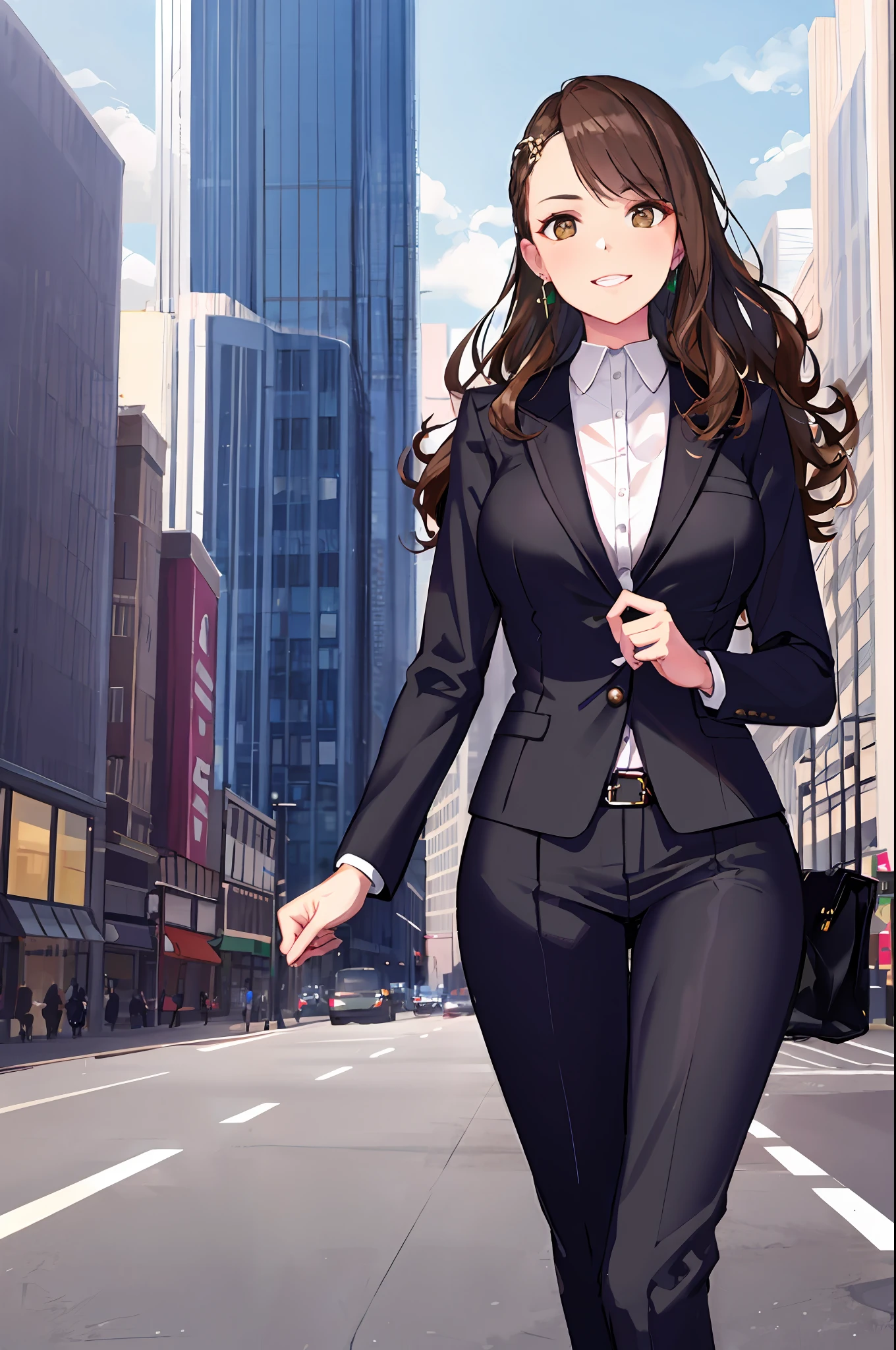 CharlotteCarmen, long hair, brown hair, curly hair, hazel eyes, woman, Entrepreneur, power suit, skyscraper, urban landscape, Annie Leibovitz, business portrait, confident, powerful, determined, ambitious, successful, influential, charismatic, captivating, stunning, beautiful.