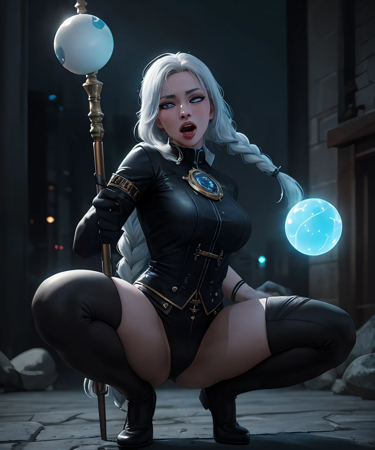 fantasy setting, sharp focus, high quality photo of beautiful nordic mature woman,magician , wearing black clothes with silver tracery, white single braid hair, confident look, rising ((magic staff with shining sphere atop)), glowing runes flying around, jewelry, detailed eyes, low body-fat, cinematic lighting, highly detailed, (matching eyes:1.2), fully body photo, epic pose, night sky background, art by charlie bowater, (Extremely Detailed Oil Painting:1.2), glow effects, godrays, Hand drawn, render, 8k, octane render, cinema 4d, blender, dark, atmospheric 4k ultra detailed, cinematic sensual, Sharp focus, humorous illustration, big depth of field, Masterpiece, colors, 3d octane render, 4k, concept art, trending on artstation, hyperrealistic, Vivid colors, extremely detailed CG unity 8k wallpaper, trending on ArtStation, trending on CGSociety, Intricate, High Detail, dramatic, (ahegao:1.5), squatting, peeing, shouting, begging for her life, shocked, trembling, pool on the ground