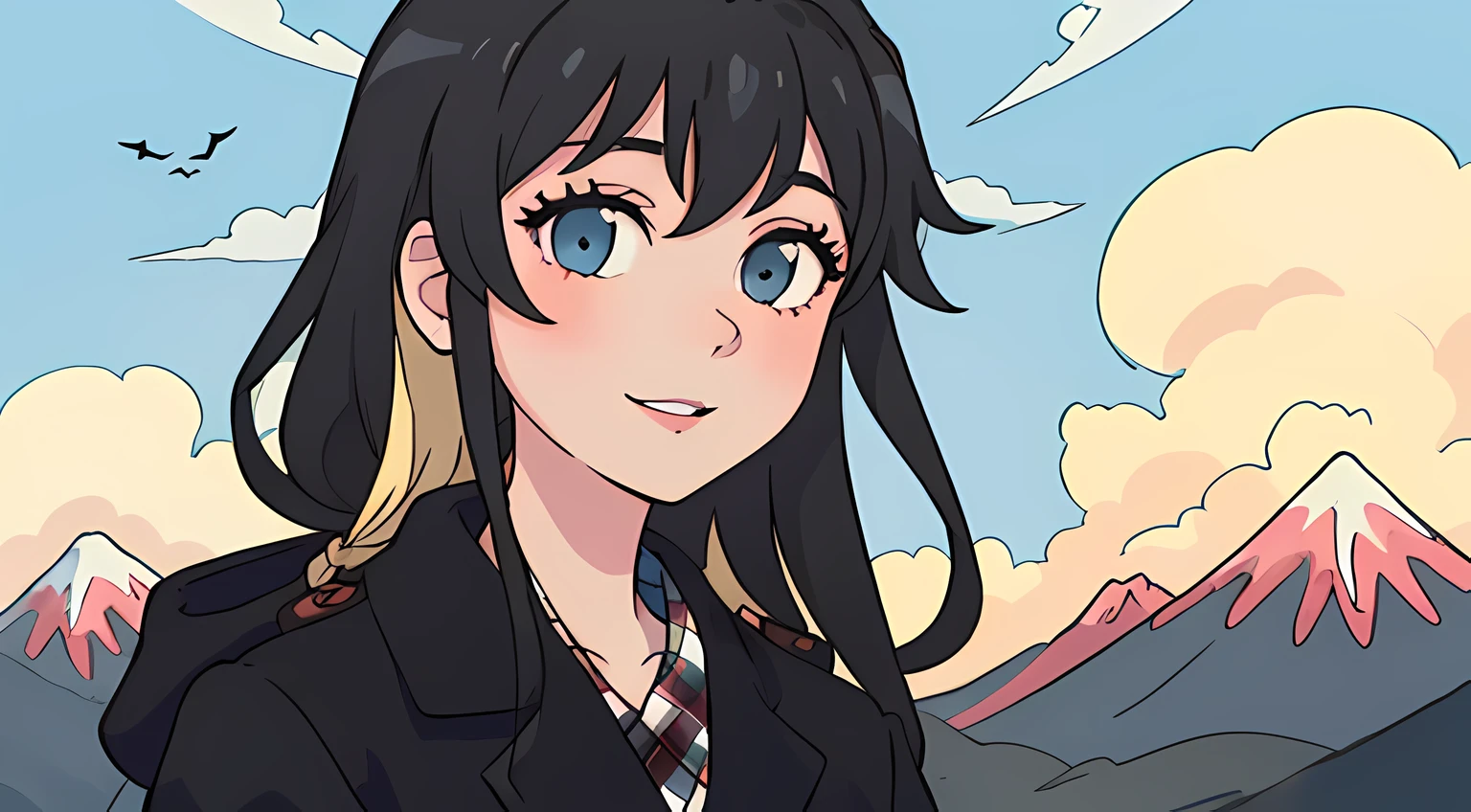 Best quality, (Masterpiece:1.2), illustration, absurderes, (1girll, Solo), (Beautiful detailed girl),Bright colors of the sky, Clouds, day, Mountain, Fruits and berries,view the viewer, Closed lips smile, (Upper body, Portrait), yukinoshita yukino, bathrobe, Black jacket, plaid skirts, upper legs, Blonde hair, Blue eyes