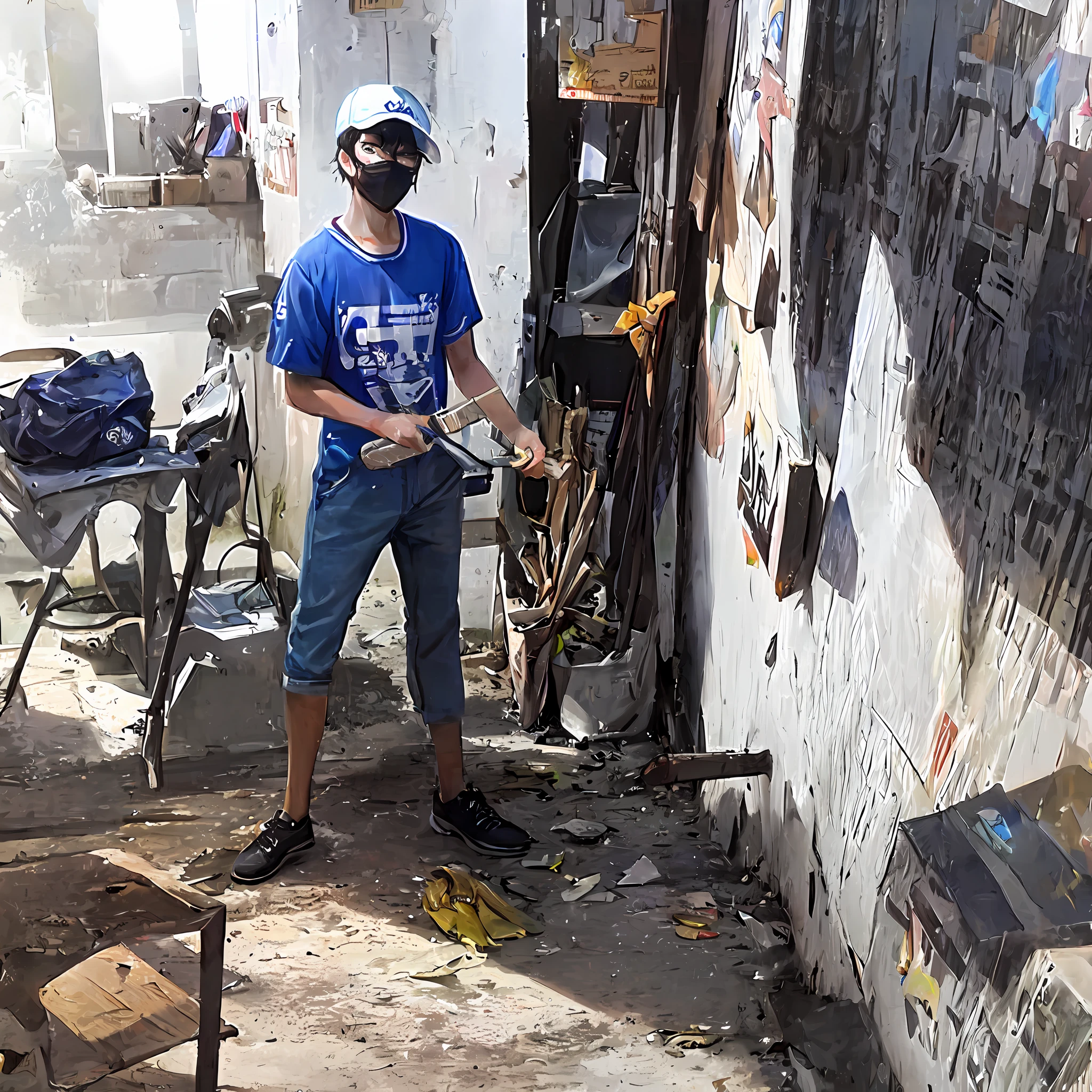 There's a Brazilian ager standing next to a wall holding a broom, Brazilian boy wearing totally blue shirt and black mask and an all-white cap, eyeglass, standing on a township street, wearing all-white cap and white adidas glasses and black mask, em frente a uma escola, do lado de fora de uma escola, imagem de qualidade muito alta, imagem limpa, garoto com vassoura, Ultra realista, 4k, surrealismo, realista, vida real, mascara preta, oculos, All white cap, camisa totalmente azul, sapato preto, bermuda jeans, State College of Bahia, estado da bahia no brasil, muito realista, brasil-ba, Bahia-Bom, Salvador-Ba