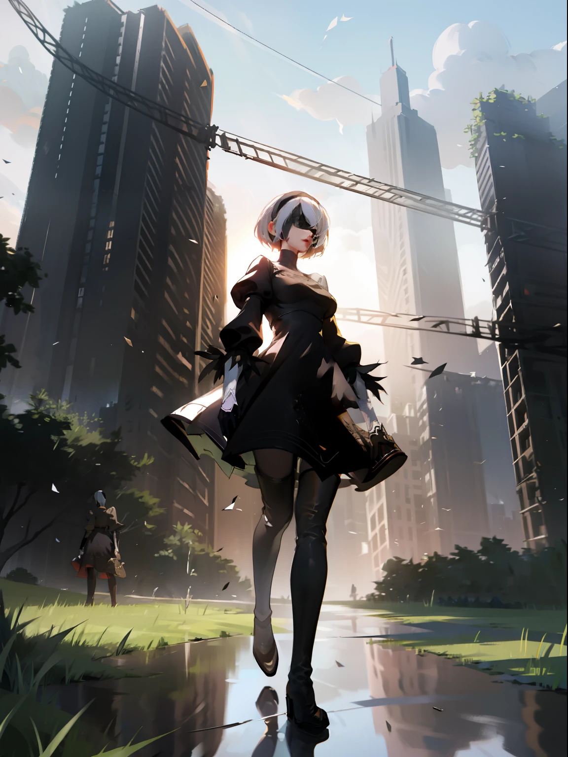 masterpiece, best quality, detailed face, extremely detailed, yorha no. 2 type b, 1girl, solo, absurdres, 8k, black blindfold, black dress, black hairband, blindfold, eye highlights blue sky, boots, building, city, cloud, covered eyes, debris, dress, feather-trimmed sleeves, feather trim, from below, gloves, grass, hairband, high heel boots, high heels, highres, juliet sleeves, katana, leather, leather boots, long sleeves, nier \(series\), nier automata, outdoors, overgrown, pod \(nier automata\), post-apocalypse, puddle, puffy sleeves, rubble, ruins, scenery, sky, thigh boots, thighhighs, thighhighs under boots, water