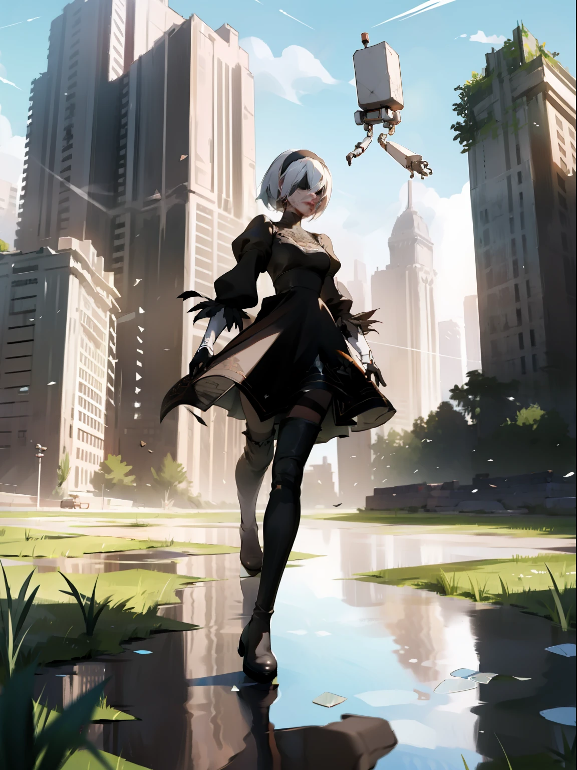 masterpiece, best quality, detailed face, extremely detailed, yorha no. 2 type b, 1girl, solo, absurdres, 8k, black blindfold, black dress, black hairband, blindfold, eye highlights blue sky, boots, building, city, cloud, covered eyes, debris, dress, feather-trimmed sleeves, feather trim, from below, gloves, grass, hairband, high heel boots, high heels, highres, juliet sleeves, katana, leather, leather boots, long sleeves, nier \(series\), nier automata, outdoors, overgrown, pod \(nier automata\), post-apocalypse, puddle, puffy sleeves, rubble, ruins, scenery, sky, thigh boots, thighhighs, thighhighs under boots, water